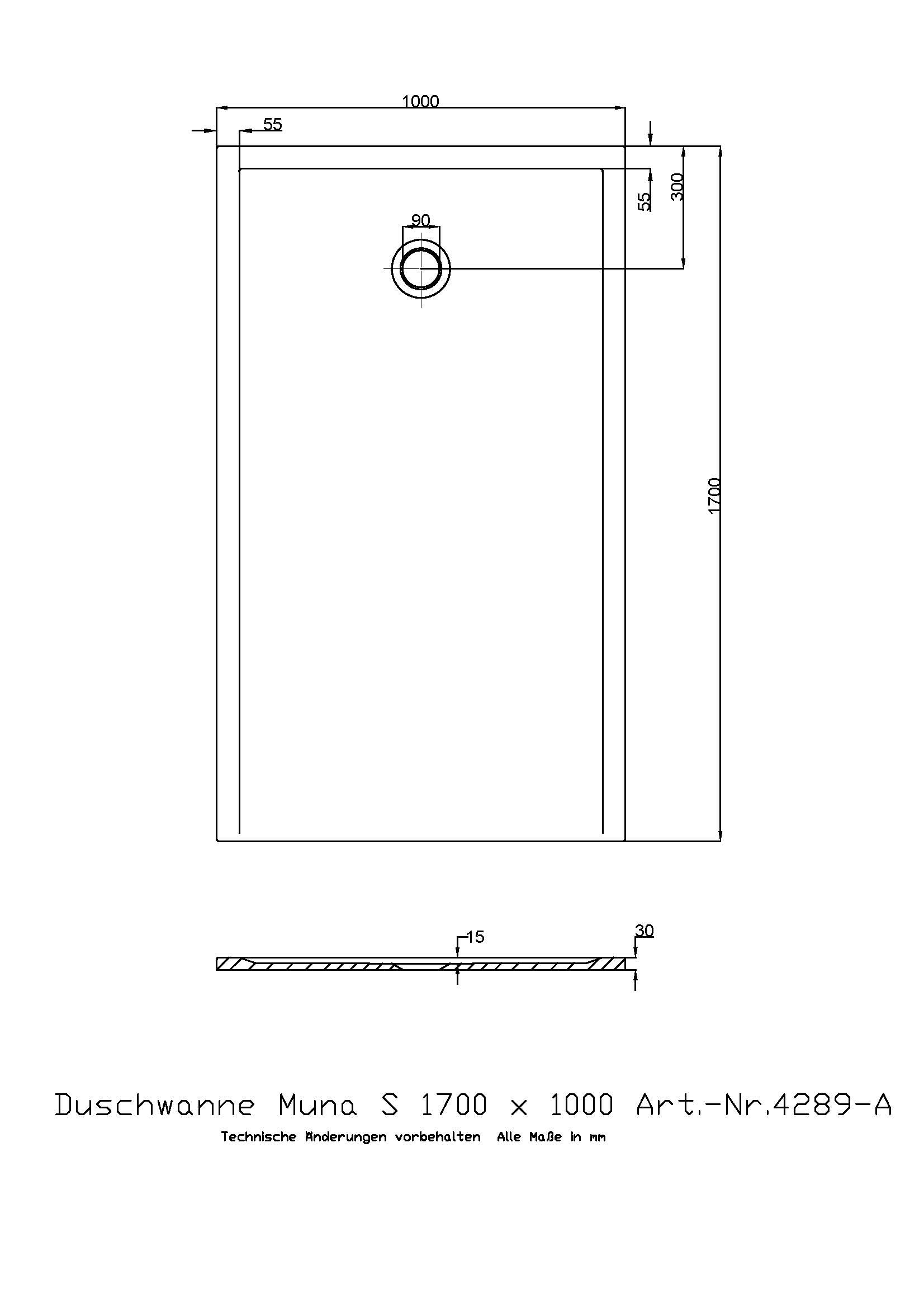 Hoesch Duschwanne Muna S 1700x1000x30 ohne Antirutsch, Material Solique, weiß