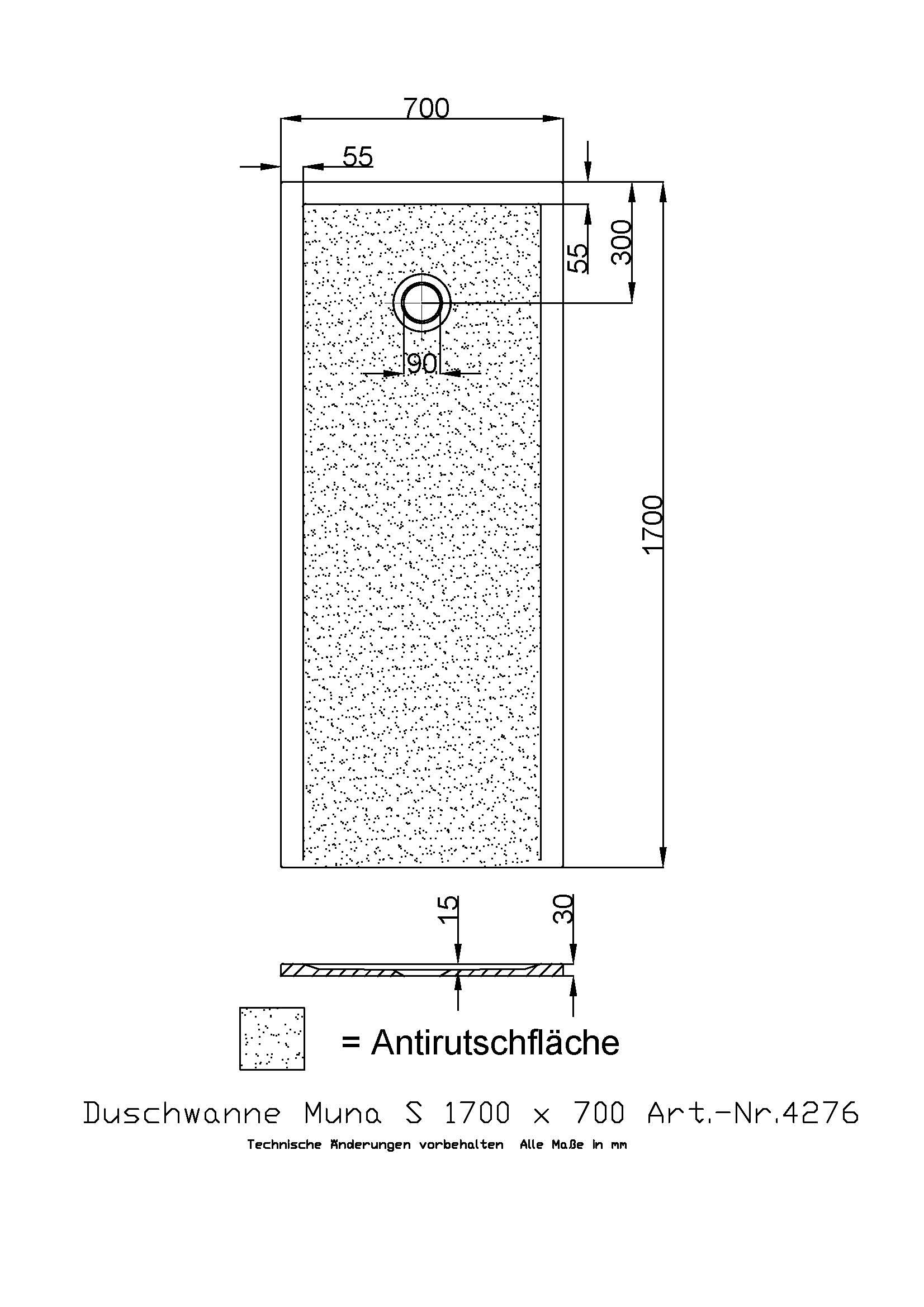 Hoesch Duschwanne Muna S 1700x700x30 mit Antirutsch, Material Solique, weiß