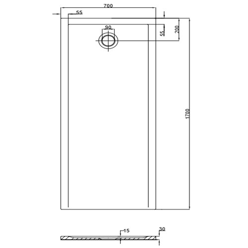 HO DW Muna "S" 1700x700x30 ohne Antirutsch, Material Solique, weiß