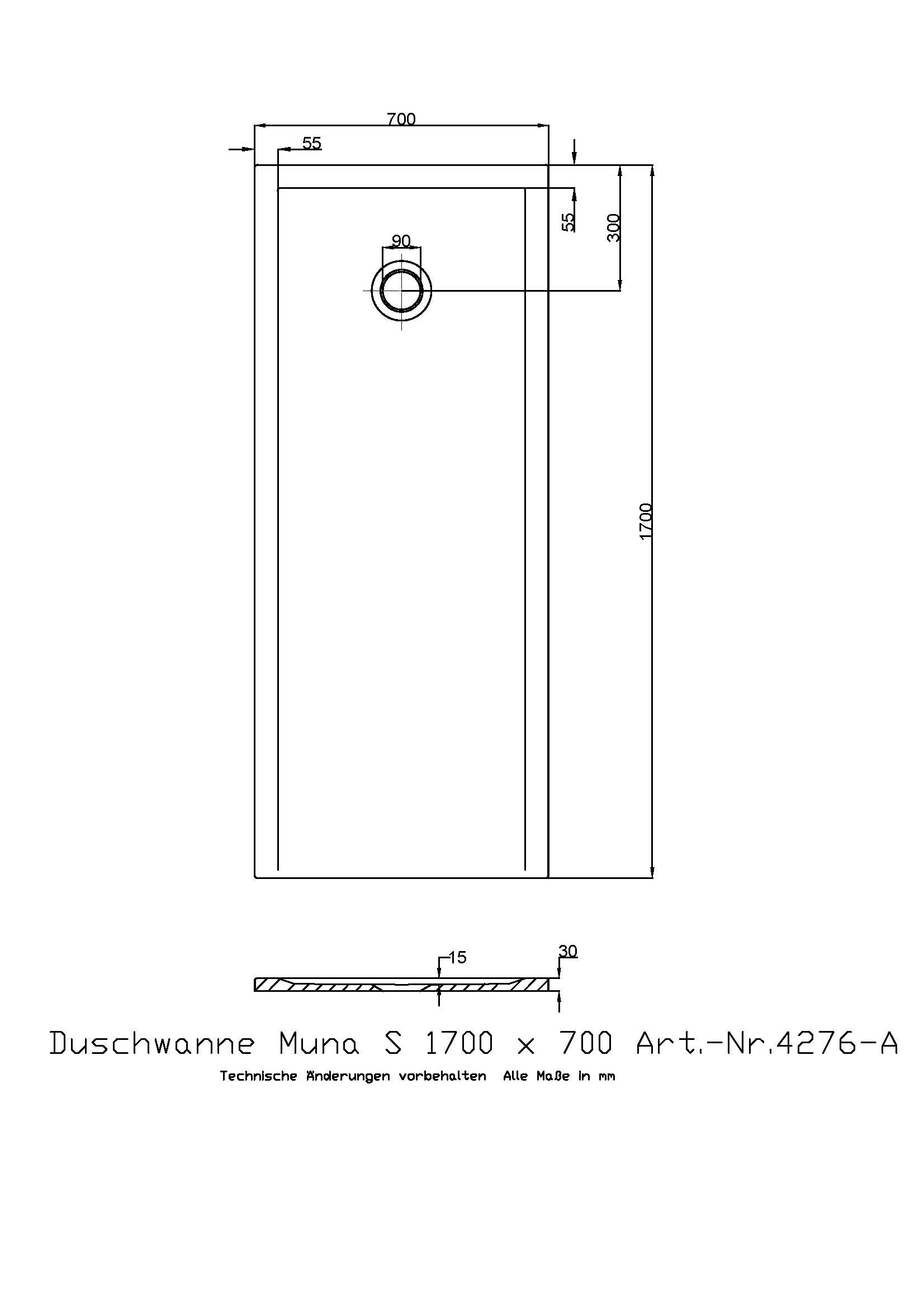 Hoesch Duschwanne Muna S 1700x700x30 ohne Antirutsch, Material Solique, weiß