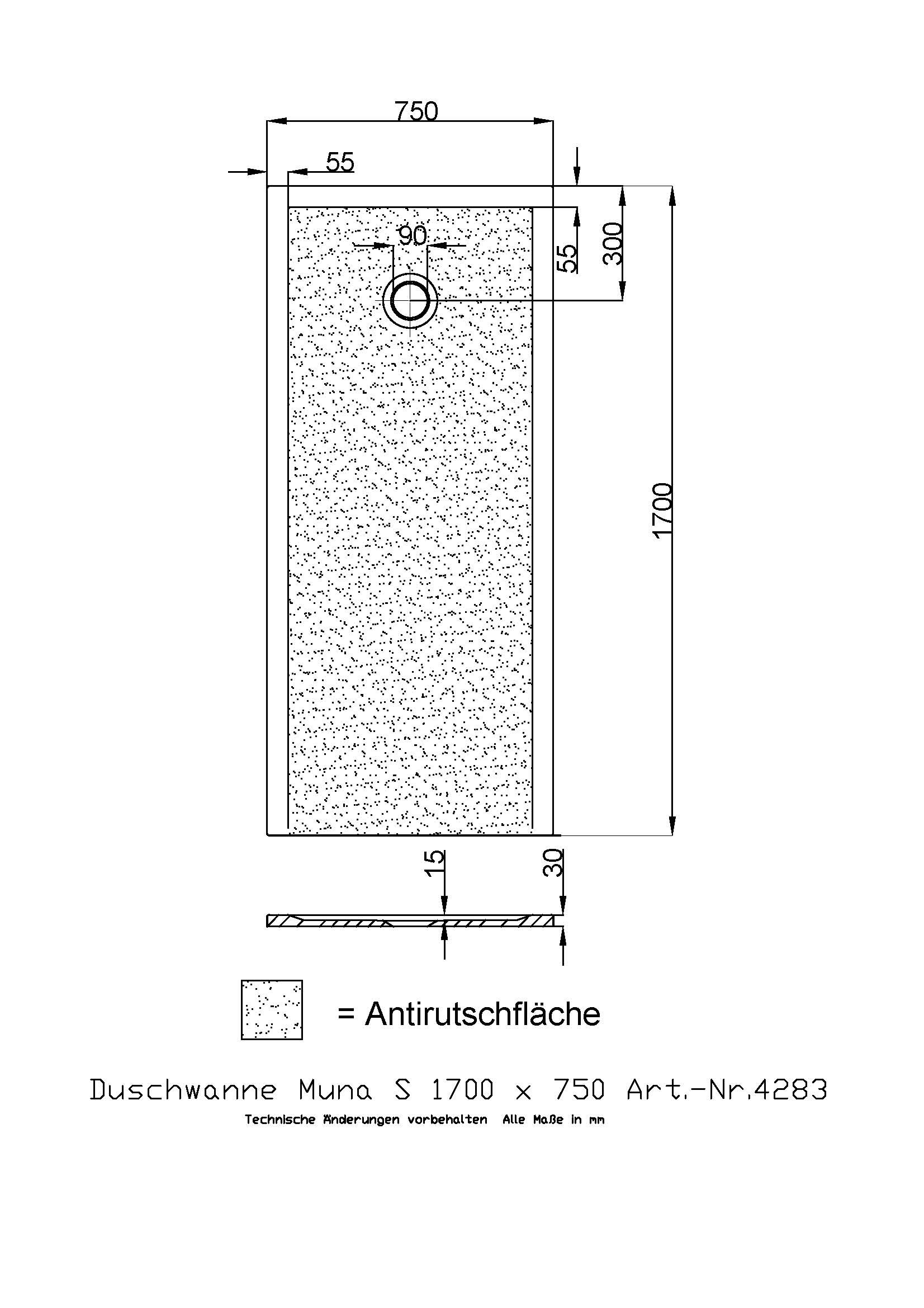 Hoesch Duschwanne Muna S 1700x750x30 mit Antirutsch, Material Solique, weiß