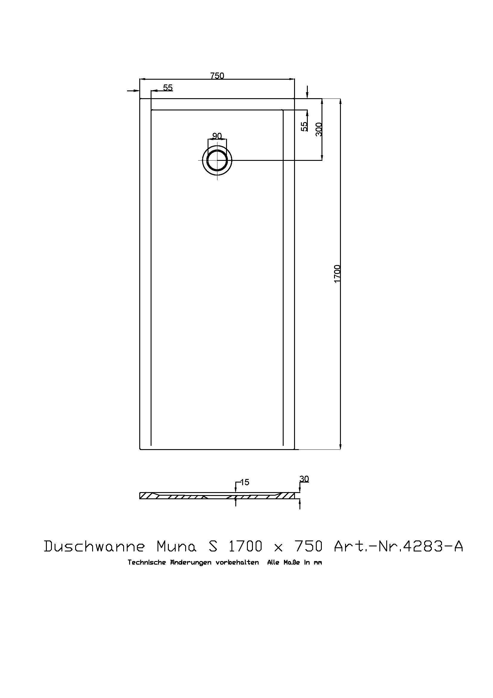 Hoesch Duschwanne Muna S 1700x750x30 ohne Antirutsch, Material Solique, weiß