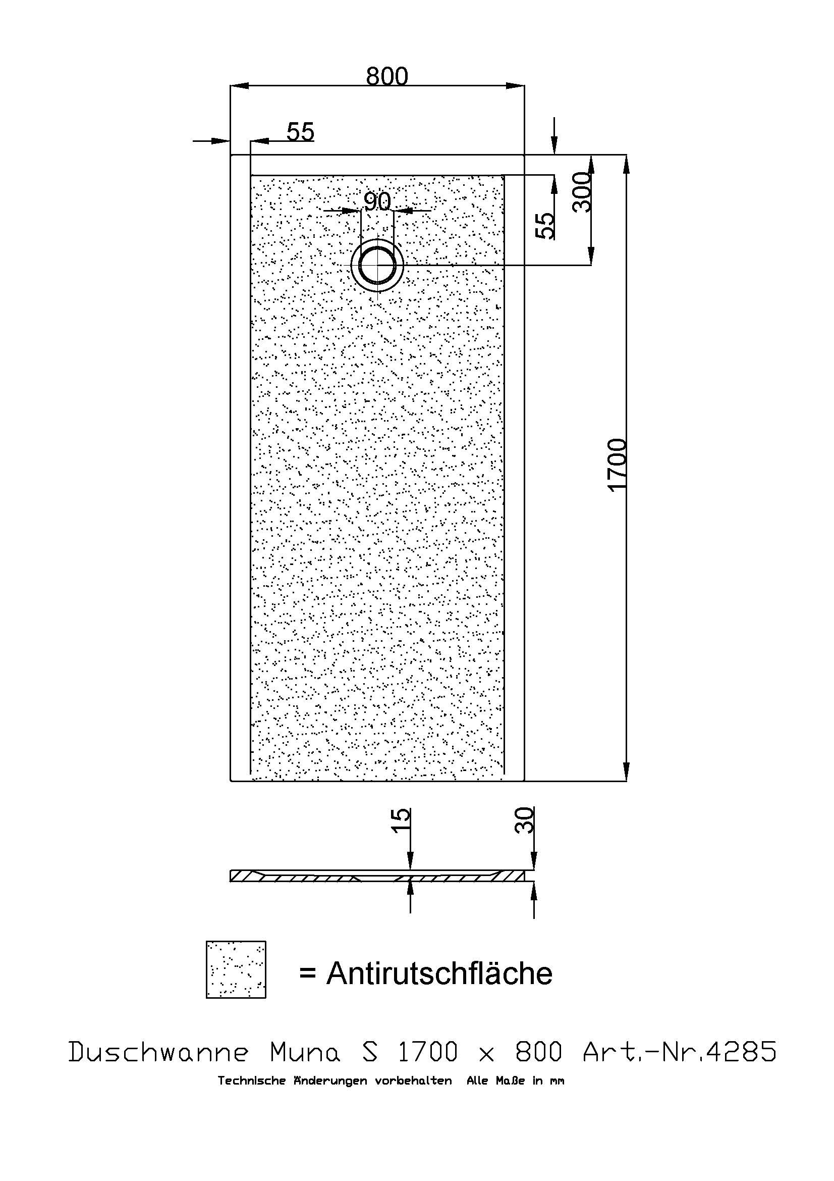 Hoesch Duschwanne Muna S 1700x800x30 mit Antirutsch, Material Solique, weiß