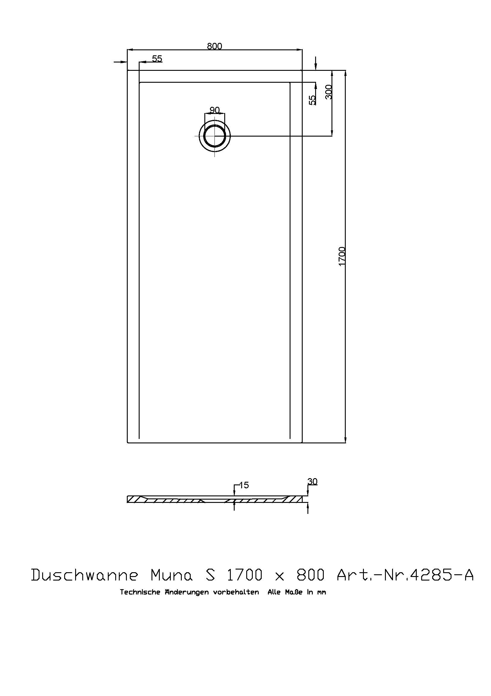 Hoesch Duschwanne Muna S 1700x800x30 ohne Antirutsch, Material Solique, weiß