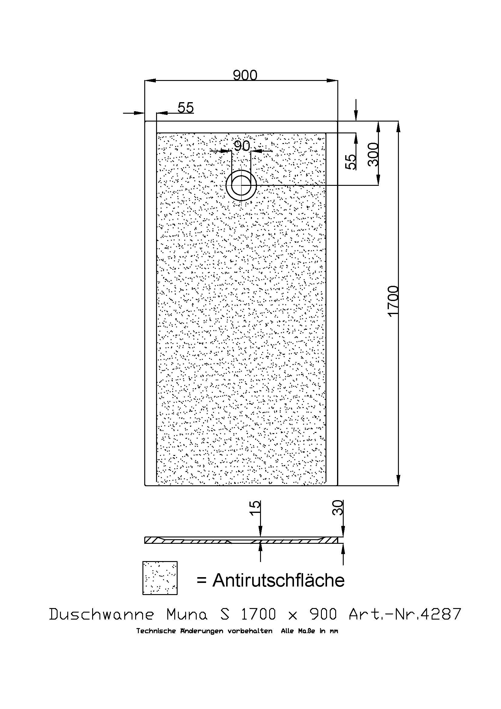Hoesch Duschwanne Muna S 1700x900x30 mit Antirutsch, Material Solique, weiß
