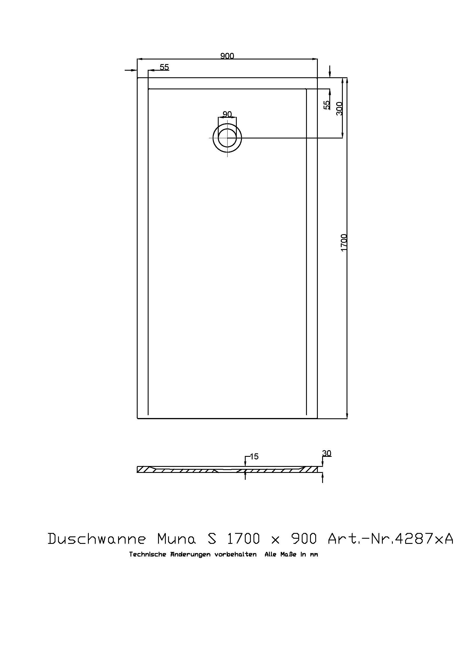 Hoesch Duschwanne Muna S 1700x900x30 ohne Antirutsch, Material Solique, weiß