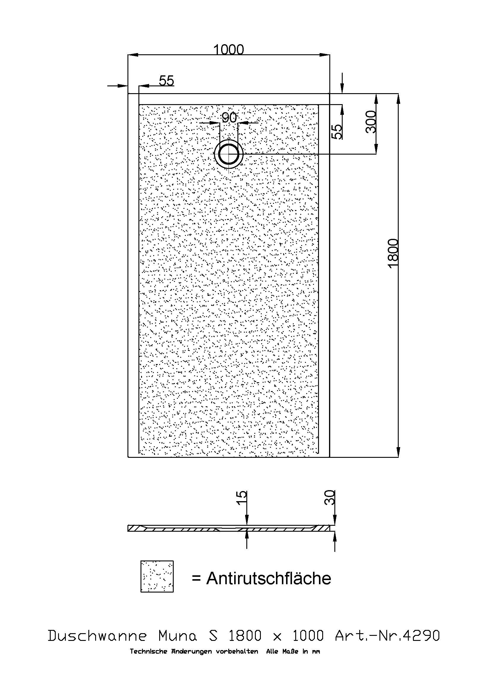 Hoesch Duschwanne Muna S 1800x1000x30 mit Antirutsch, Material Solique, weiß