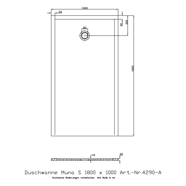 Hoesch Duschwanne Muna S 1800x1000x30 ohne Antirutsch, Material Solique, weiß