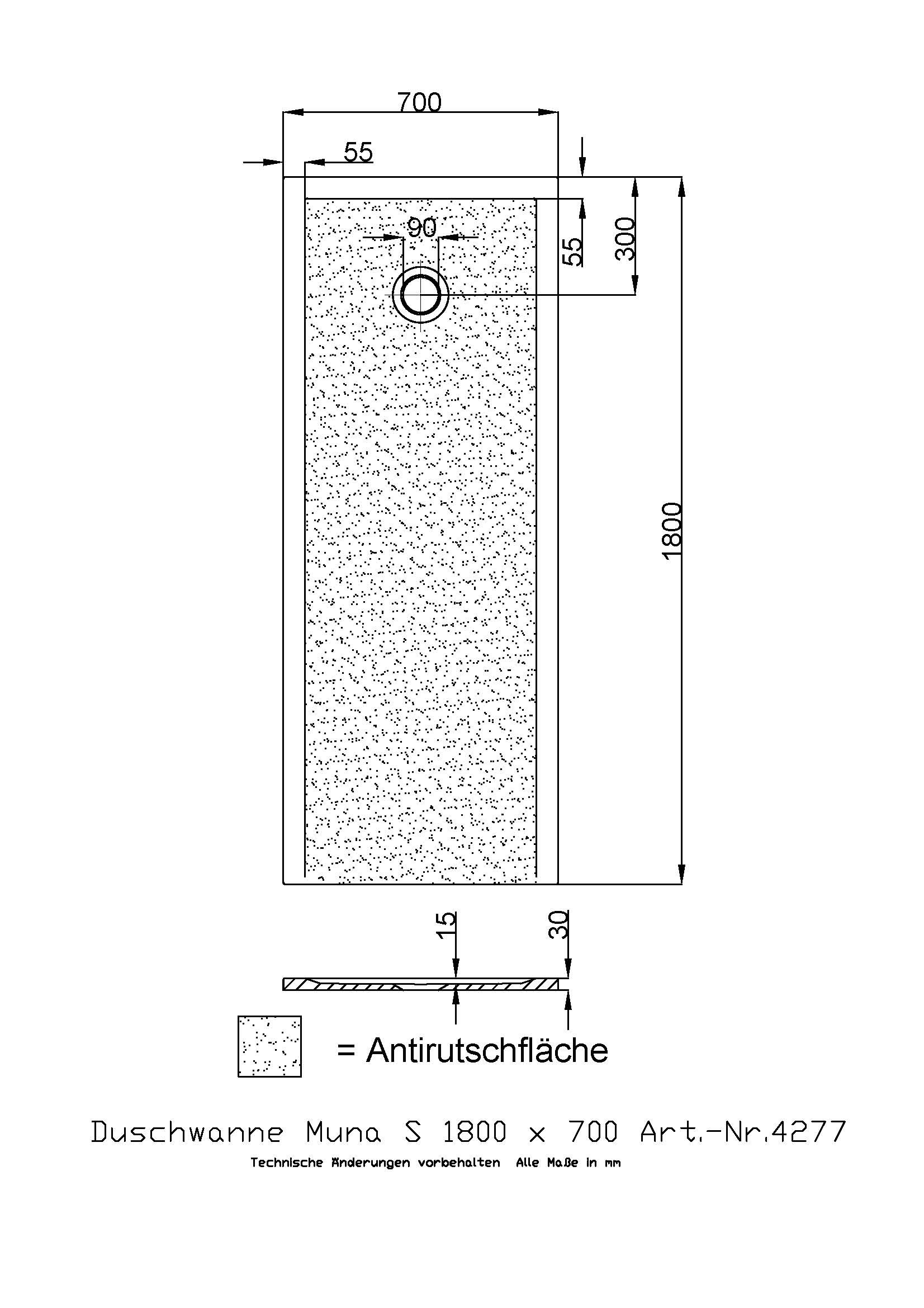 Hoesch Duschwanne Muna S 1800x700x30 mit Antirutsch, Material Solique, weiß