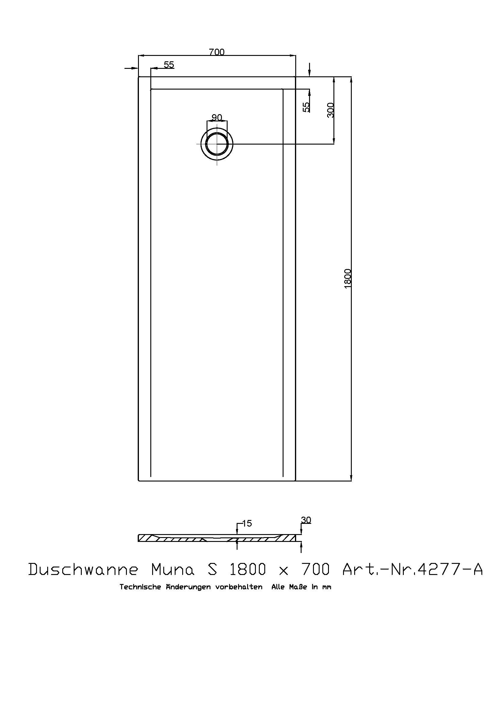Hoesch Duschwanne Muna S 1800x700x30 ohne Antirutsch, Material Solique, weiß