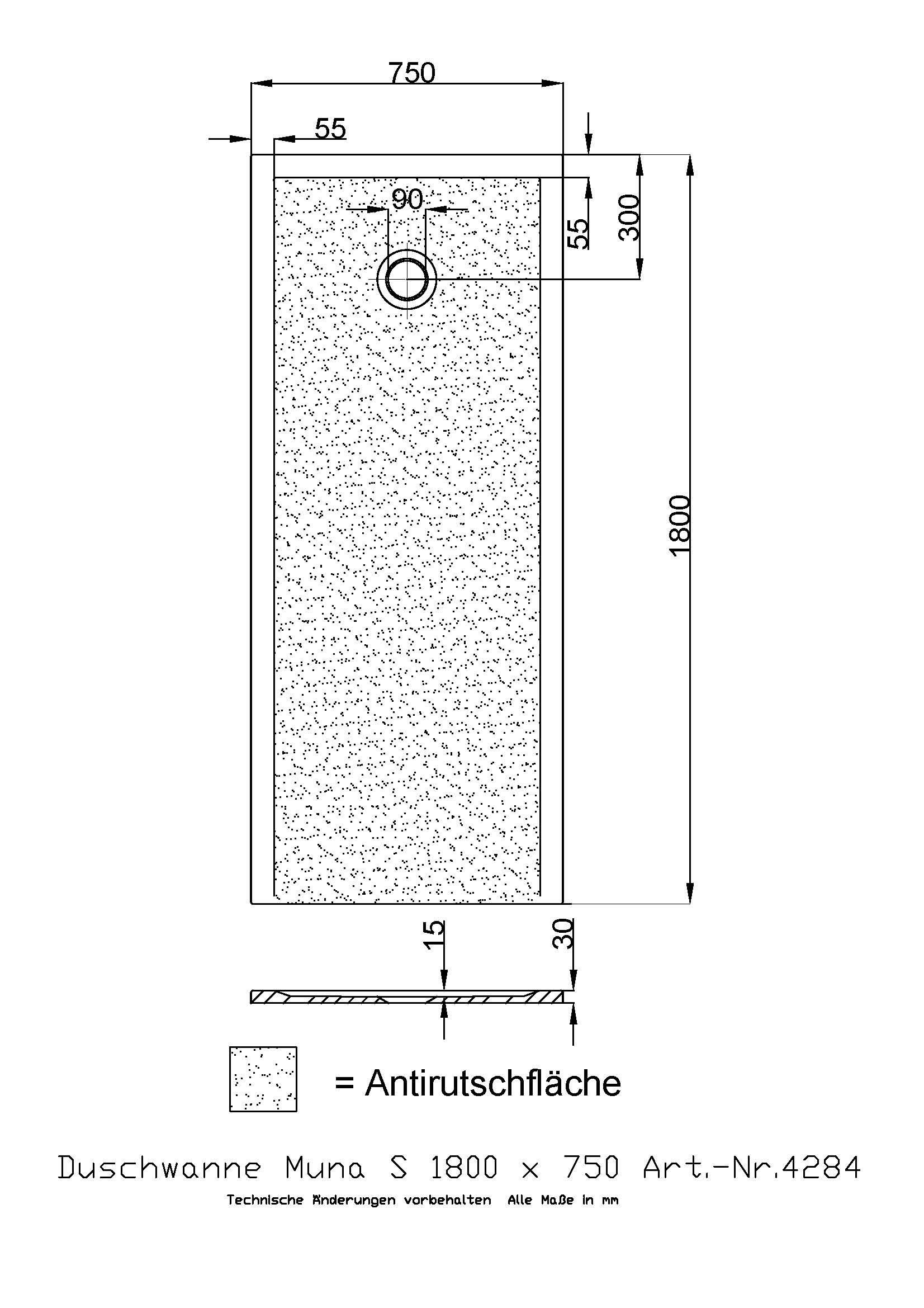 Hoesch Duschwanne Muna S 1800x750x30 mit Antirutsch, Material Solique, weiß