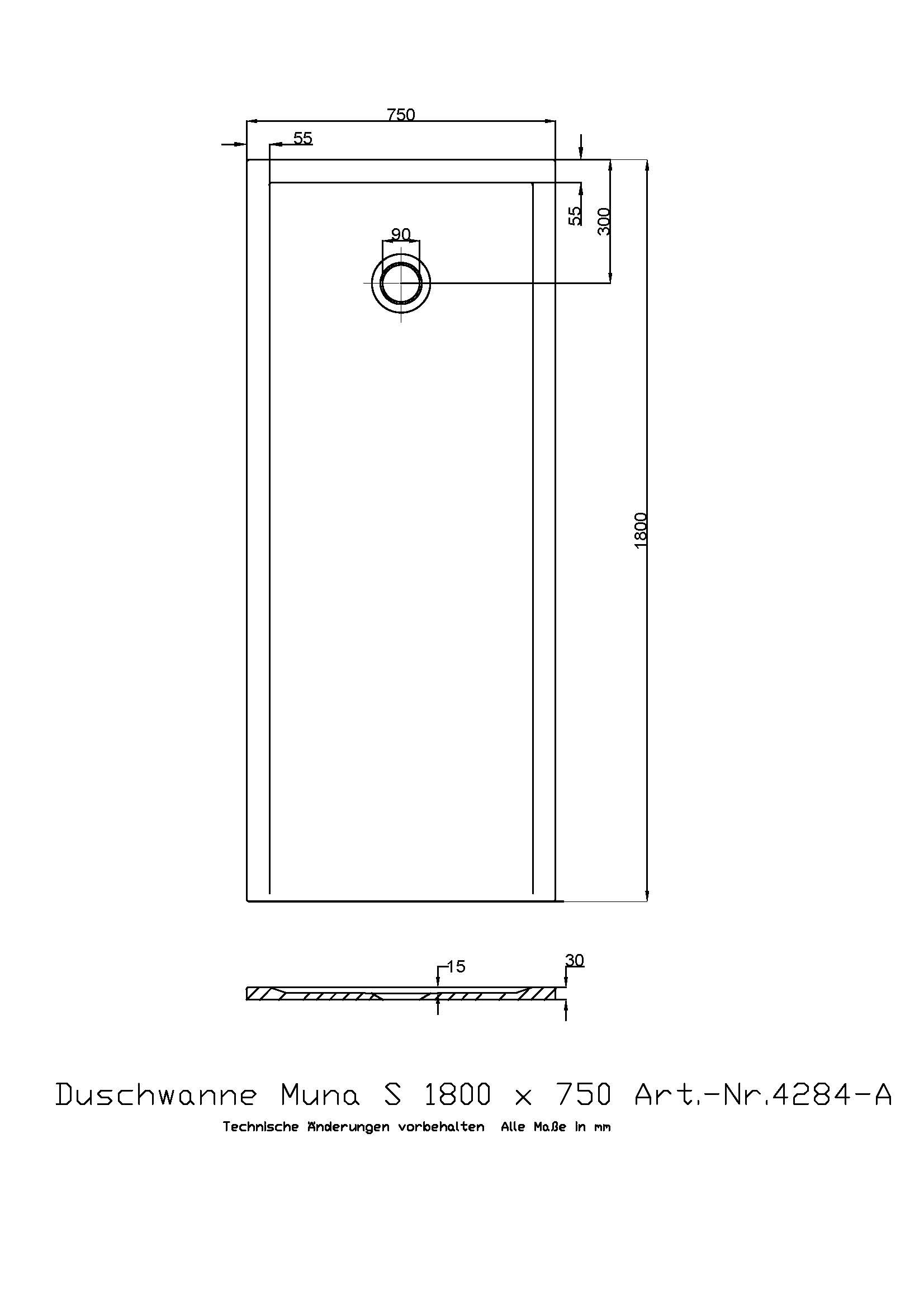 Hoesch Duschwanne Muna S 1800x750x30 ohne Antirutsch, Material Solique, weiß