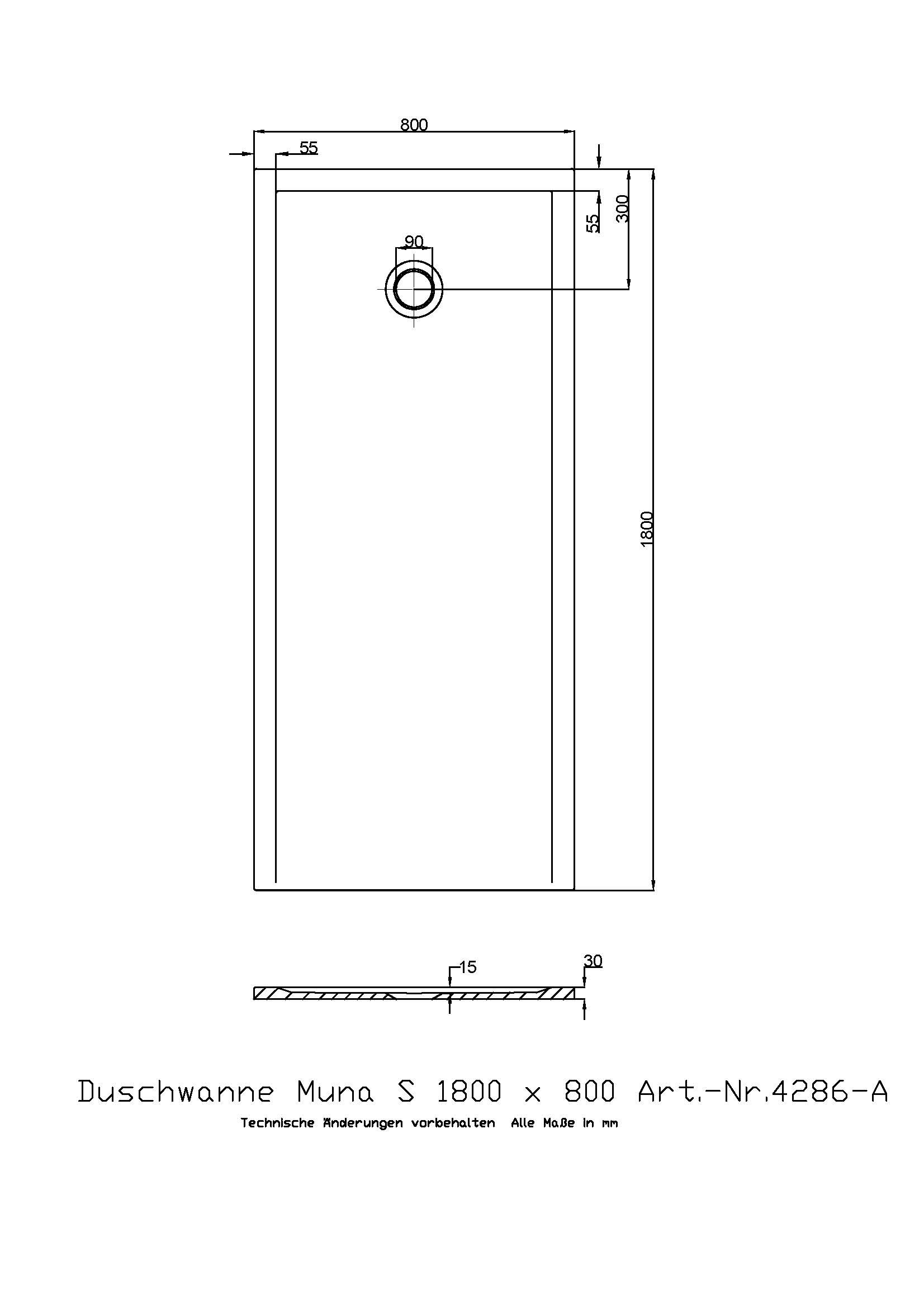 Hoesch Duschwanne Muna S 1800x800x30 ohne Antirutsch, Material Solique, weiß