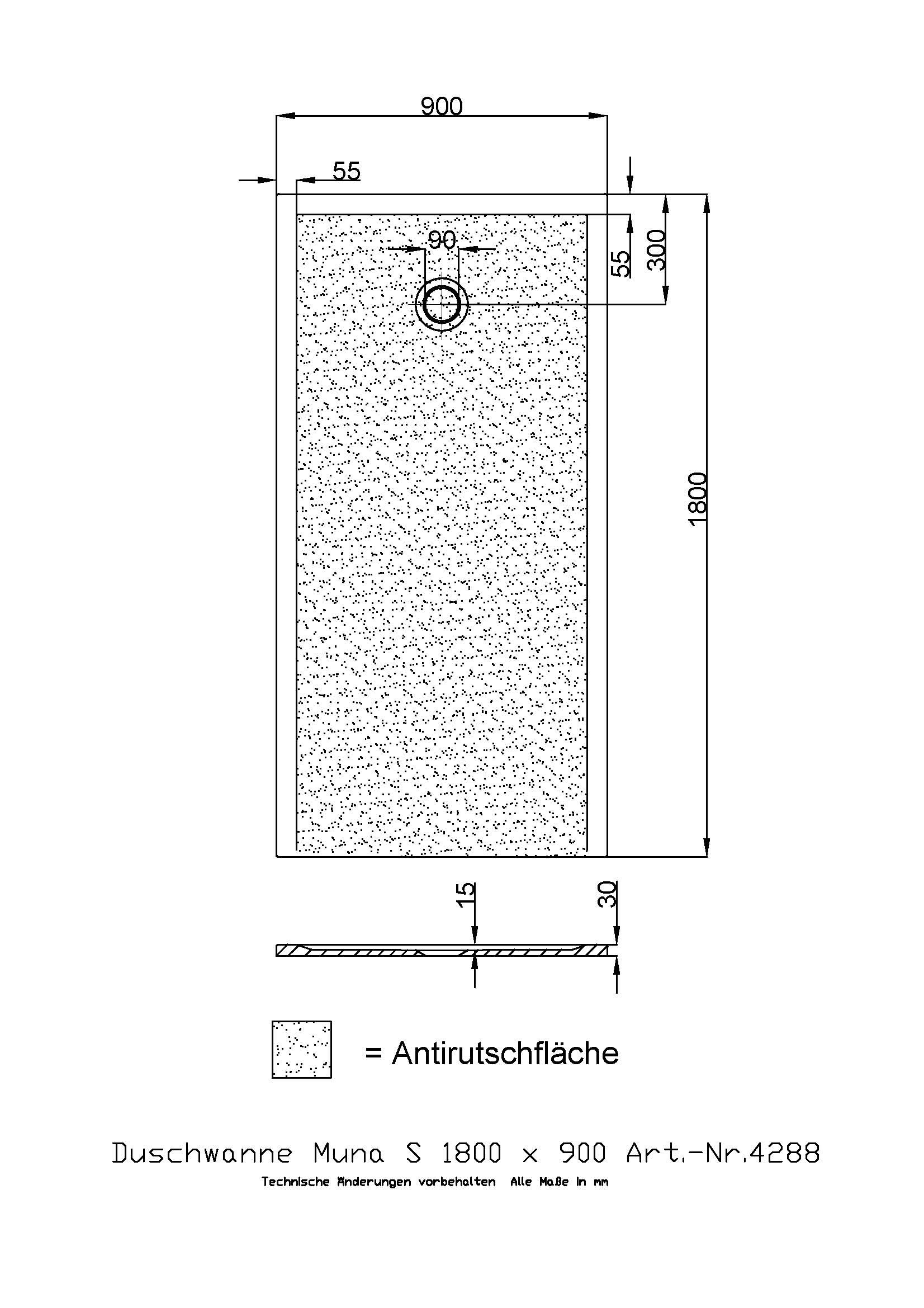Hoesch Duschwanne Muna S 1800x900x30 mit Antirutsch, Material Solique, weiß