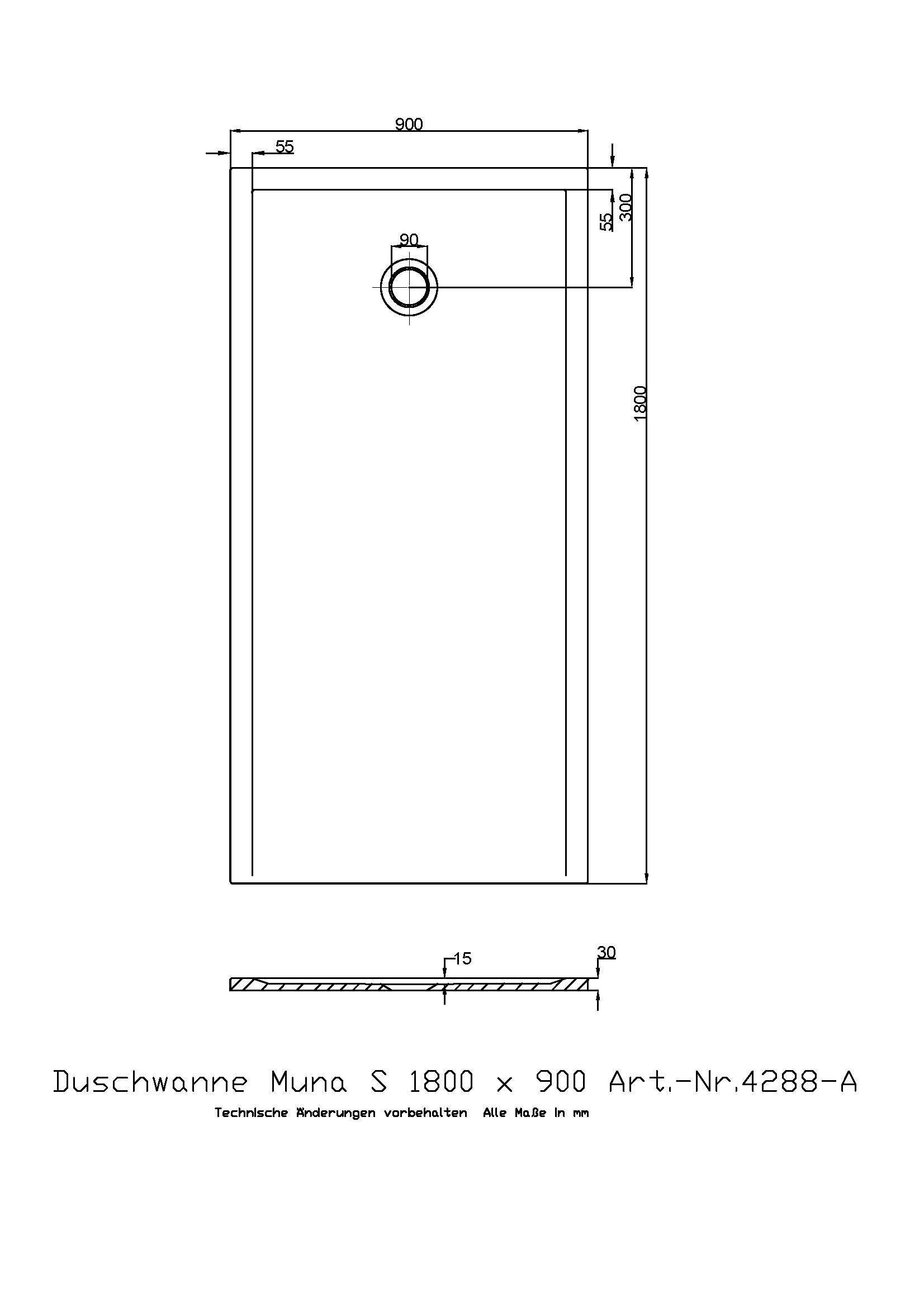 Hoesch Duschwanne Muna S 1800x900x30 ohne Antirutsch, Material Solique, weiß