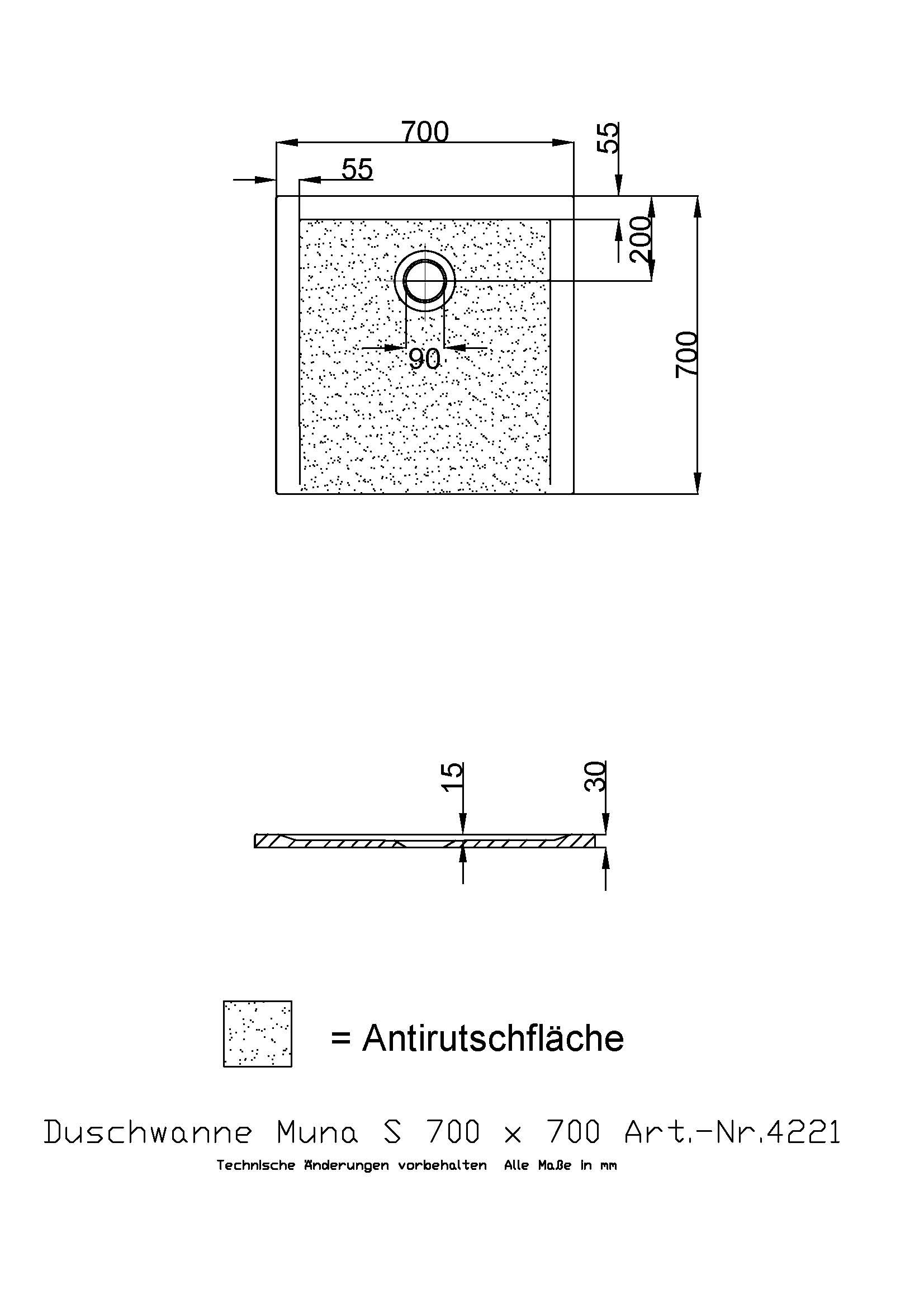 Hoesch Duschwanne Muna S 700x700x30 mit Antirutsch, Material Solique, weiß