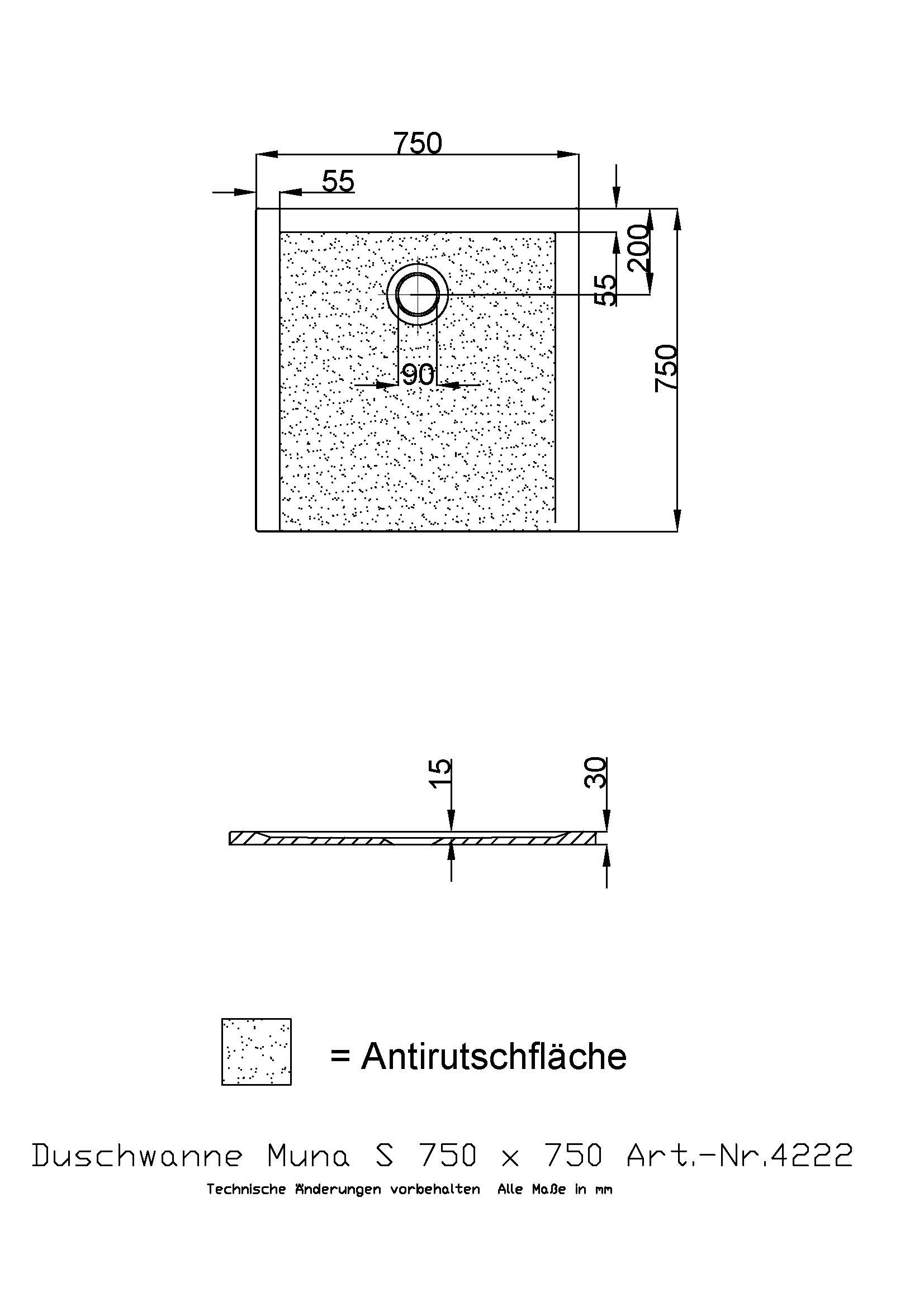 Hoesch Duschwanne Muna S 750x750x30 mit Antirutsch, Material Solique, weiß