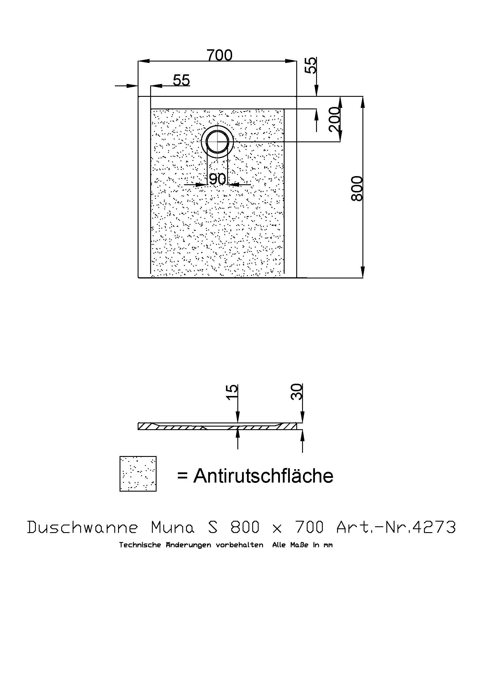 Hoesch Duschwanne Muna S 800x700x30 mit Antirutsch, Material Solique, weiß