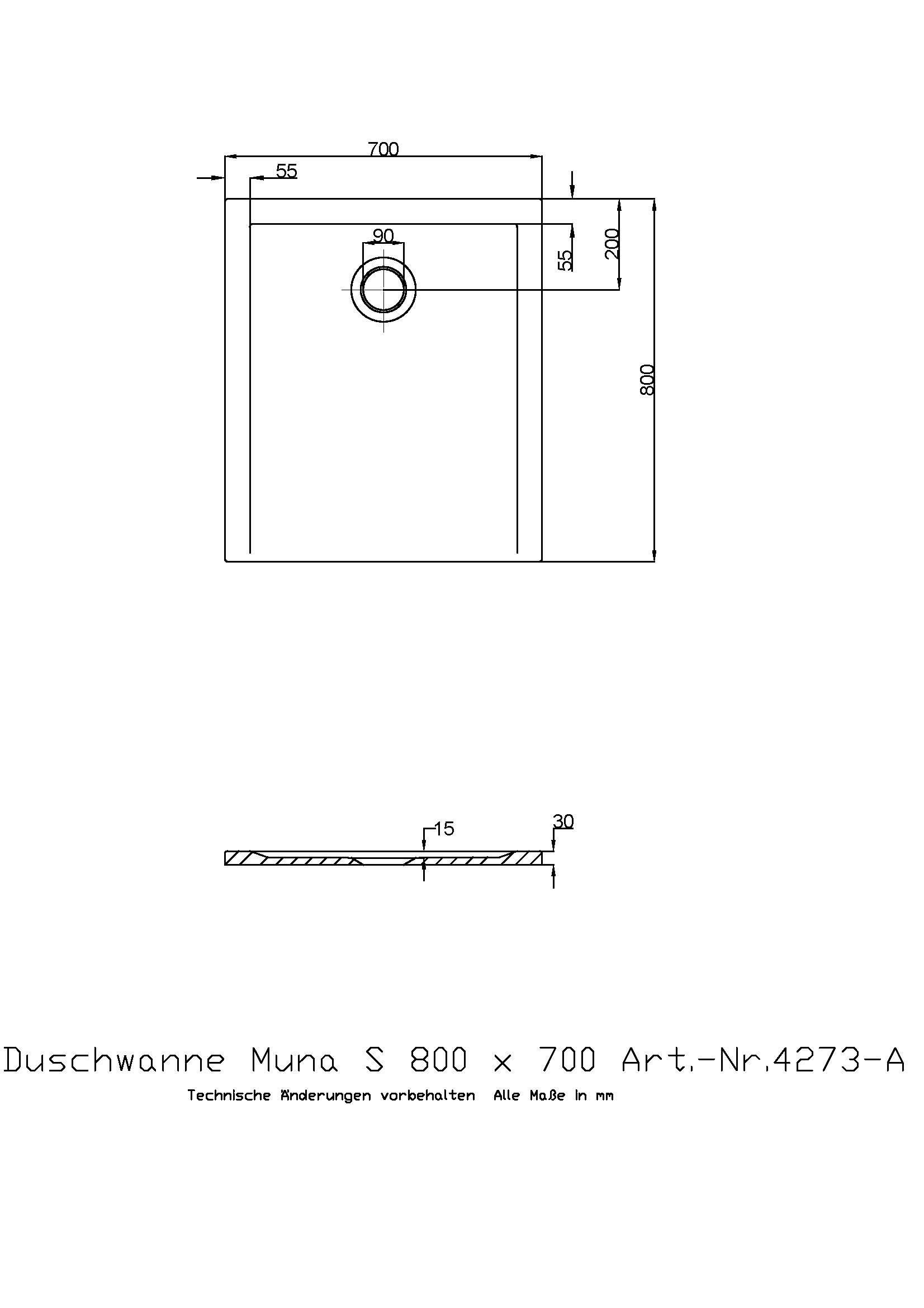 Hoesch Duschwanne Muna S 800x700x30 ohne Antirutsch, Material Solique, weiß