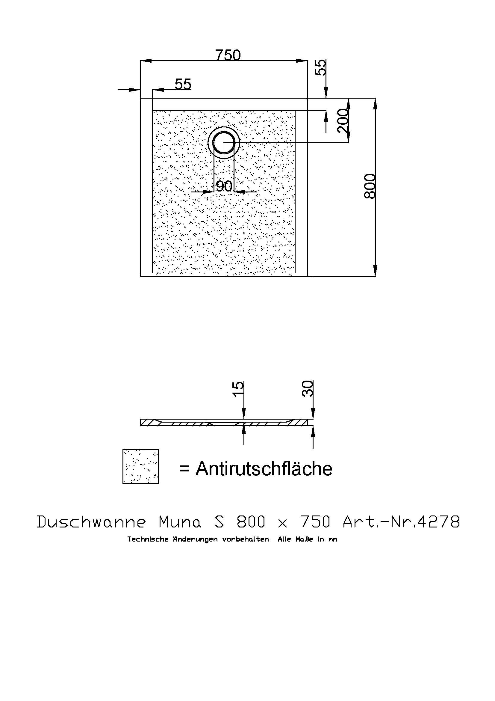 Hoesch Duschwanne Muna S 800x750x30 mit Antirutsch, Material Solique, weiß