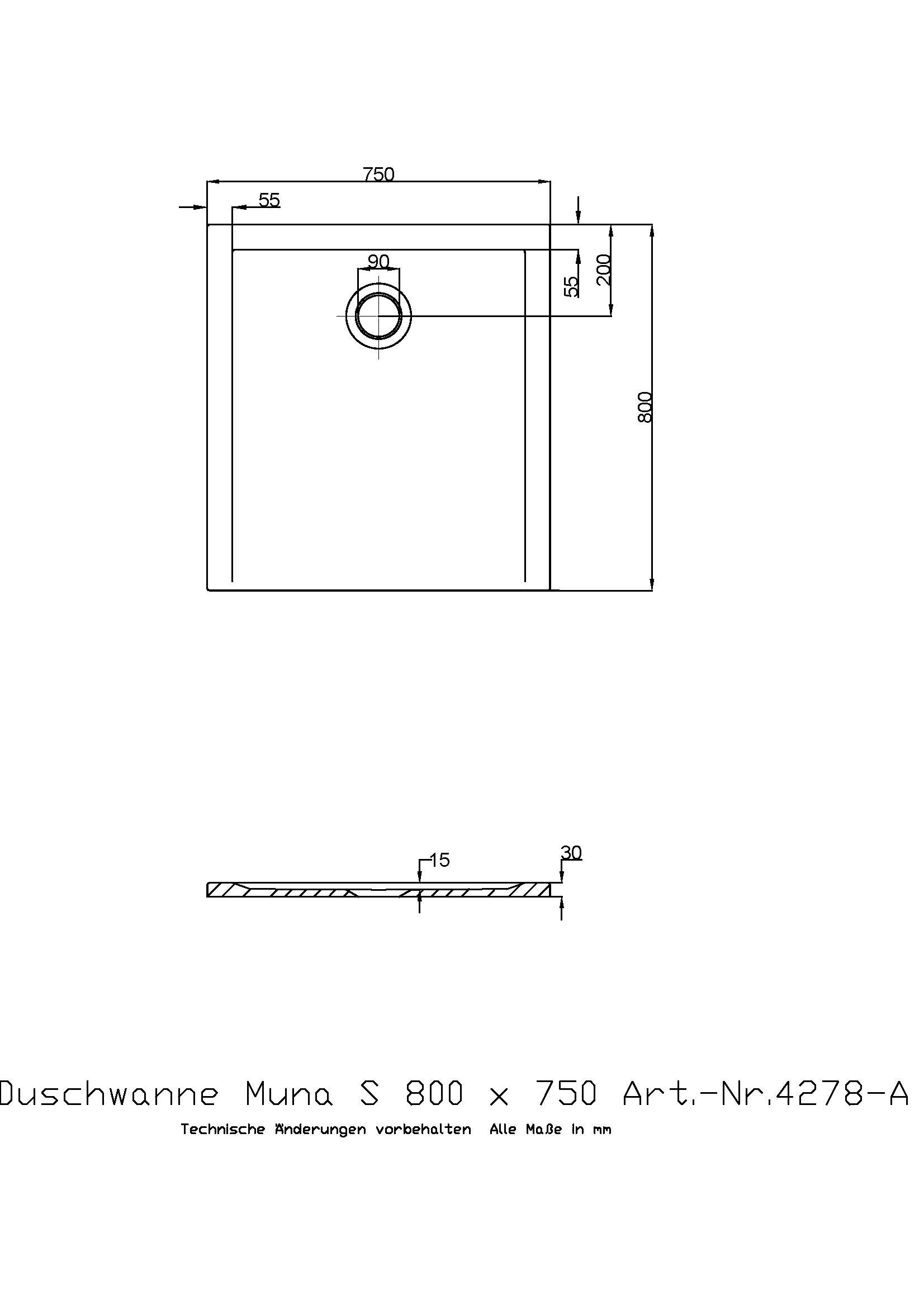 Hoesch Duschwanne Muna S 800x750x30 ohne Antirutsch, Material Solique, weiß
