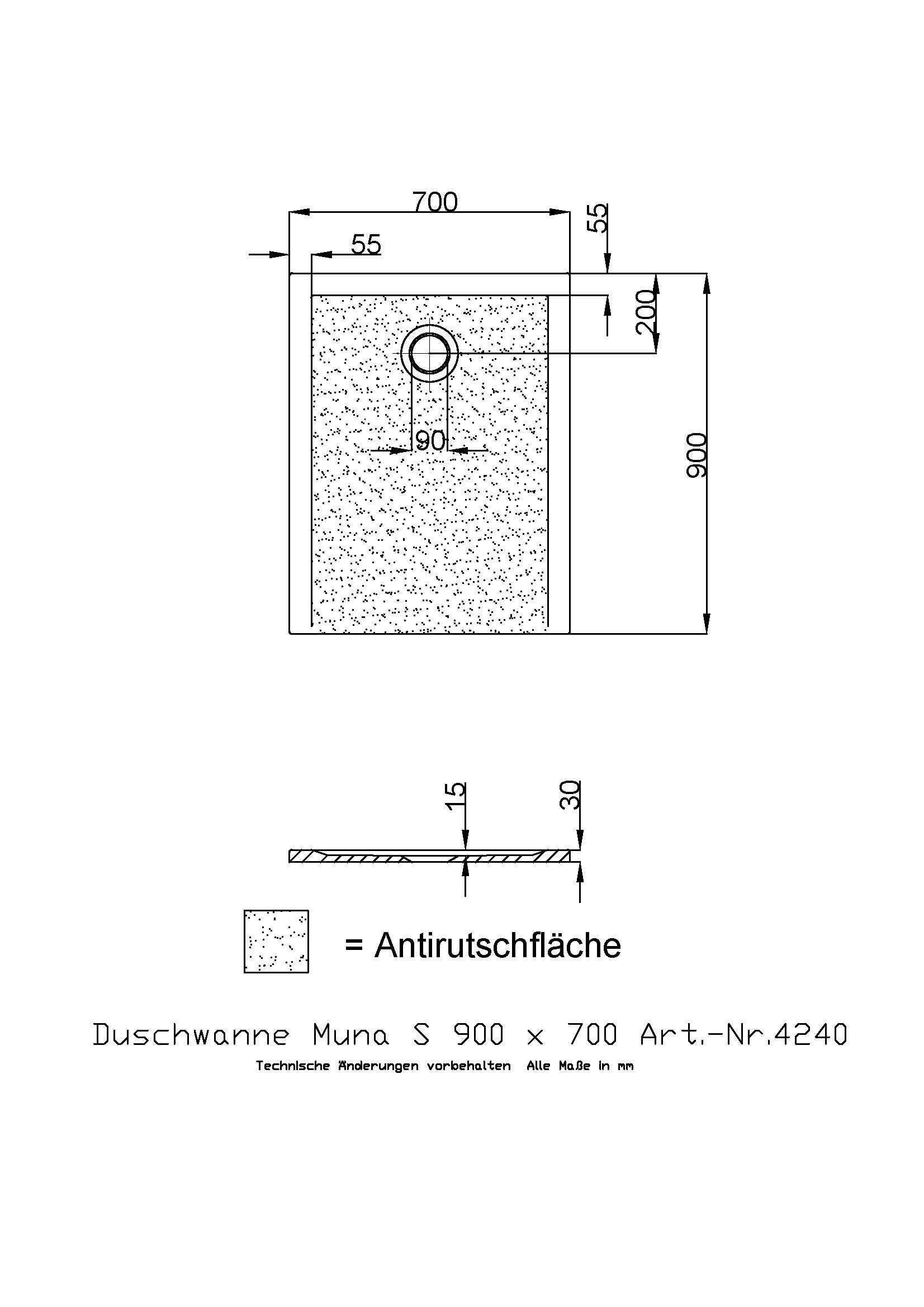 Hoesch Duschwanne Muna S 900x700x30 mit Antirutsch, Material Solique, weiß
