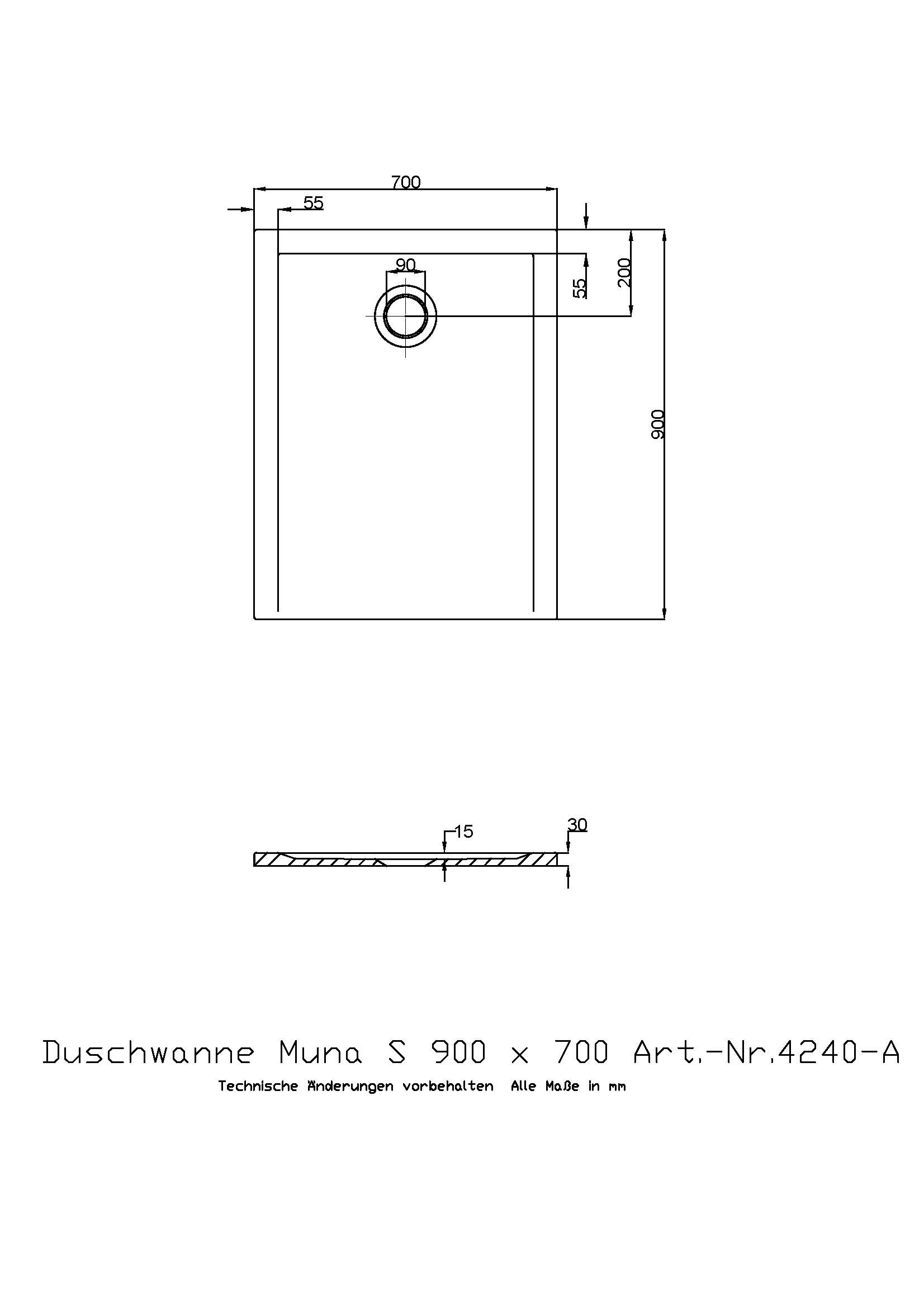 Hoesch Duschwanne Muna S 900x700x30 ohne Antirutsch, Material Solique, weiß