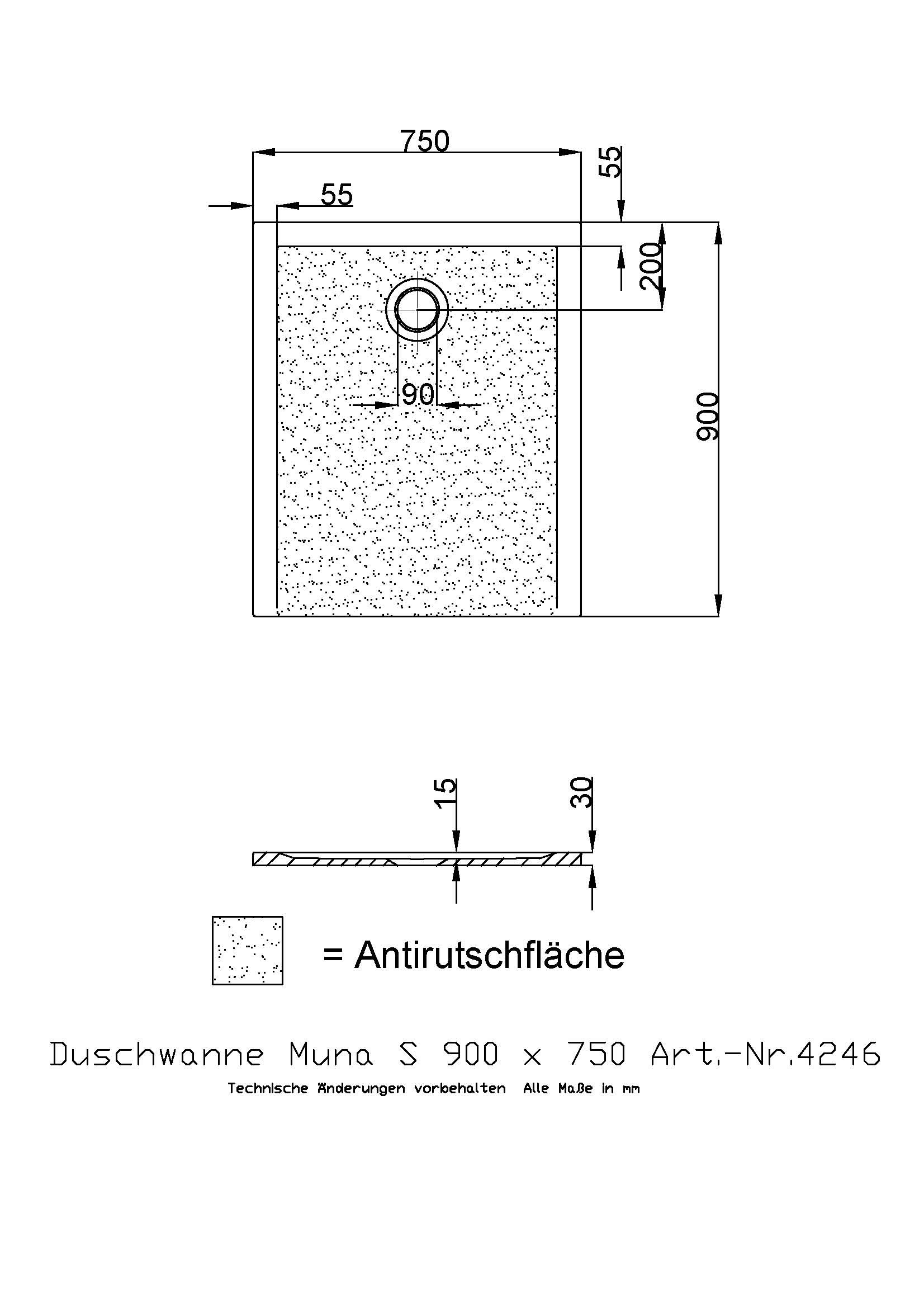 Hoesch Duschwanne Muna S 900x750x30 mit Antirutsch, Material Solique, weiß