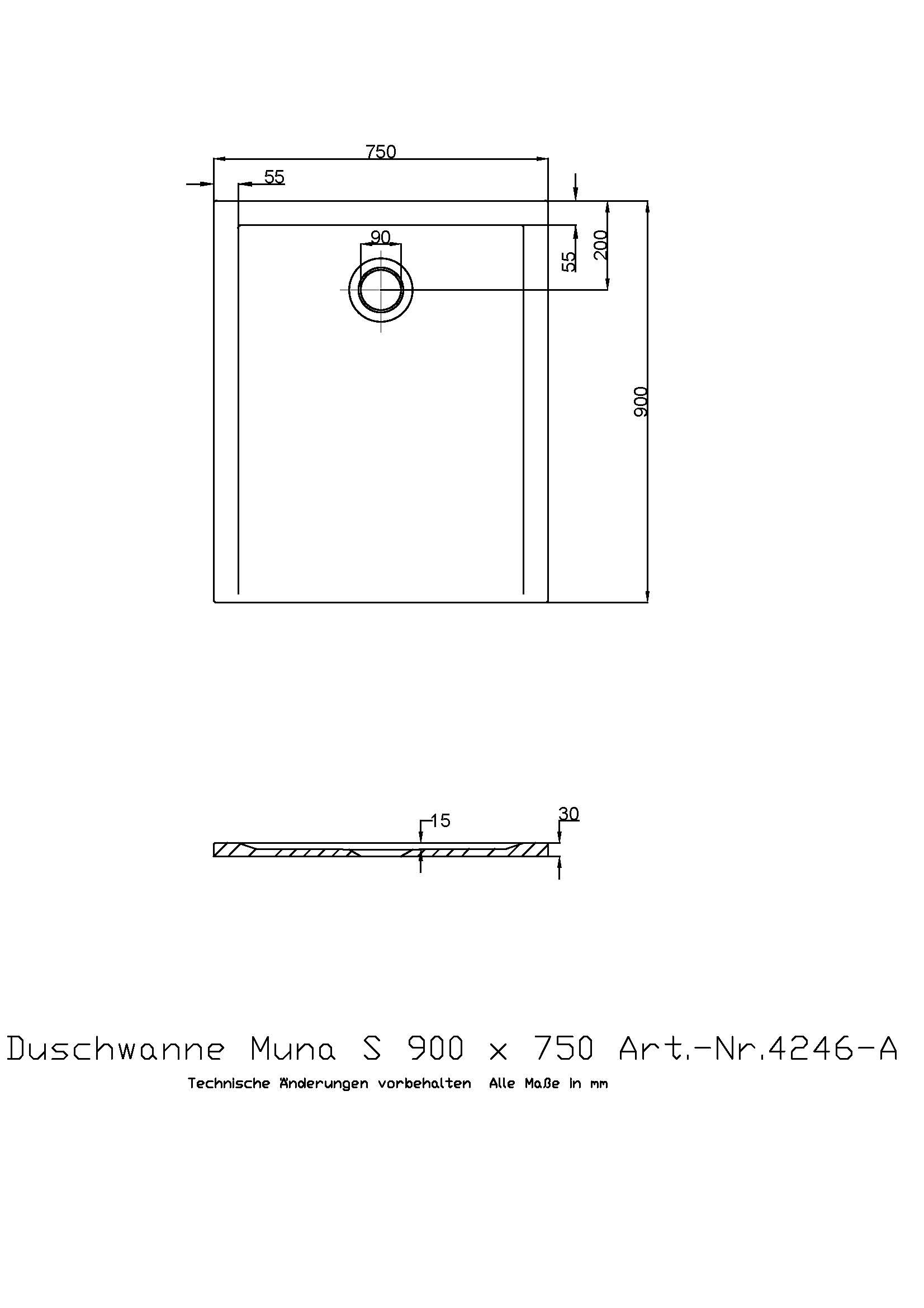 Hoesch Duschwanne Muna S 900x750x30 ohne Antirutsch, Material Solique, weiß