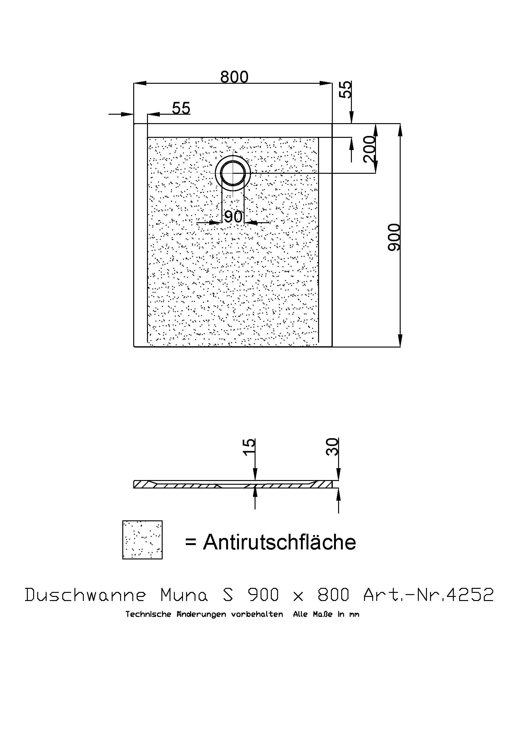 Hoesch Duschwanne Muna S 900x800x30 mit Antirutsch, Material Solique, weiß