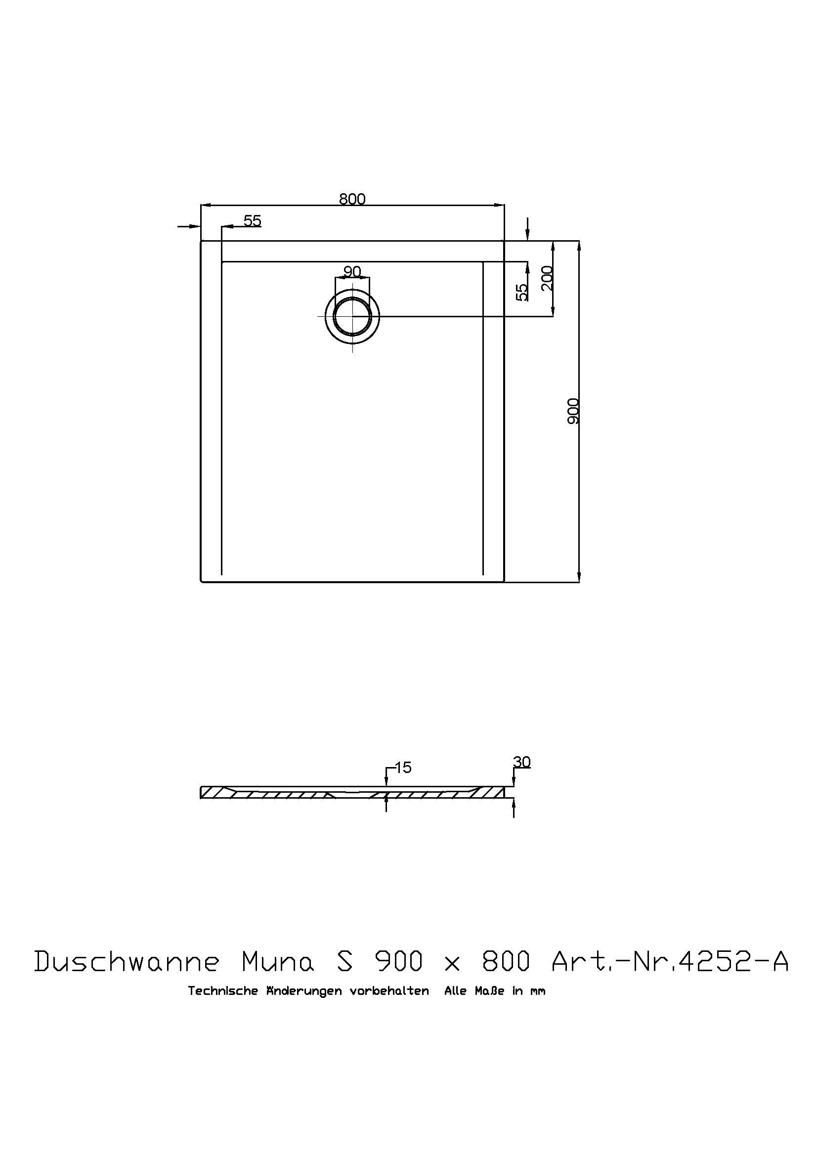 Hoesch Duschwanne Muna S 900x800x30 ohne Antirutsch, Material Solique, weiß