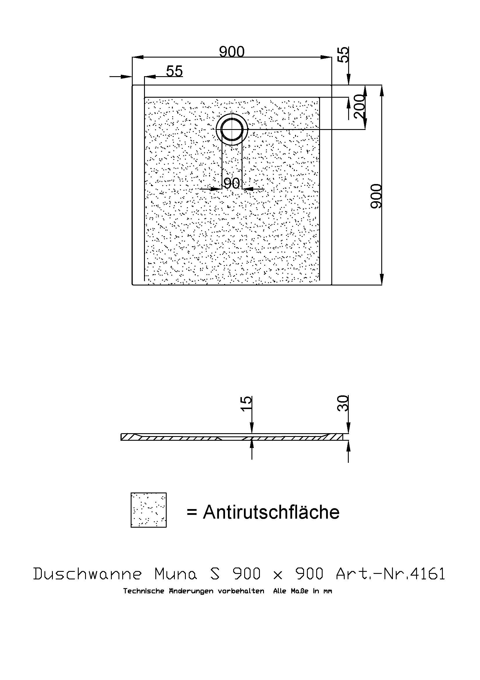Hoesch Duschwanne Muna S 900x900x30 mit Antirutsch, Material Solique, weiß