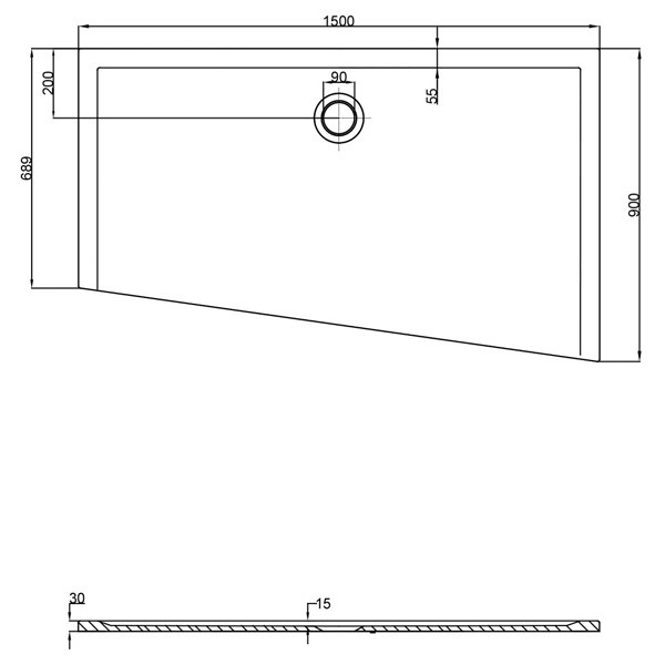 HO DW Muna Trapez re. 1500x900x30 ohne Antirutsch, Material Solique, weiß