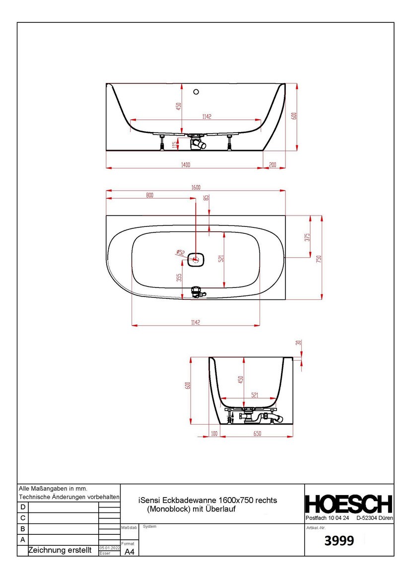 Hoesch Badewanne iSensi Eck 1600x750 Monolith re. mit Überlauf, ang. Sch.