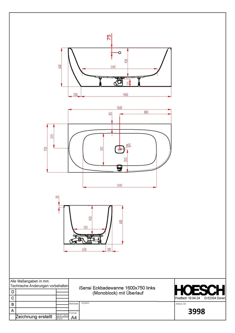 Hoesch Badewanne iSensi Eck 1600x750 Monolith li. mit Überlauf, ang. Sch.
