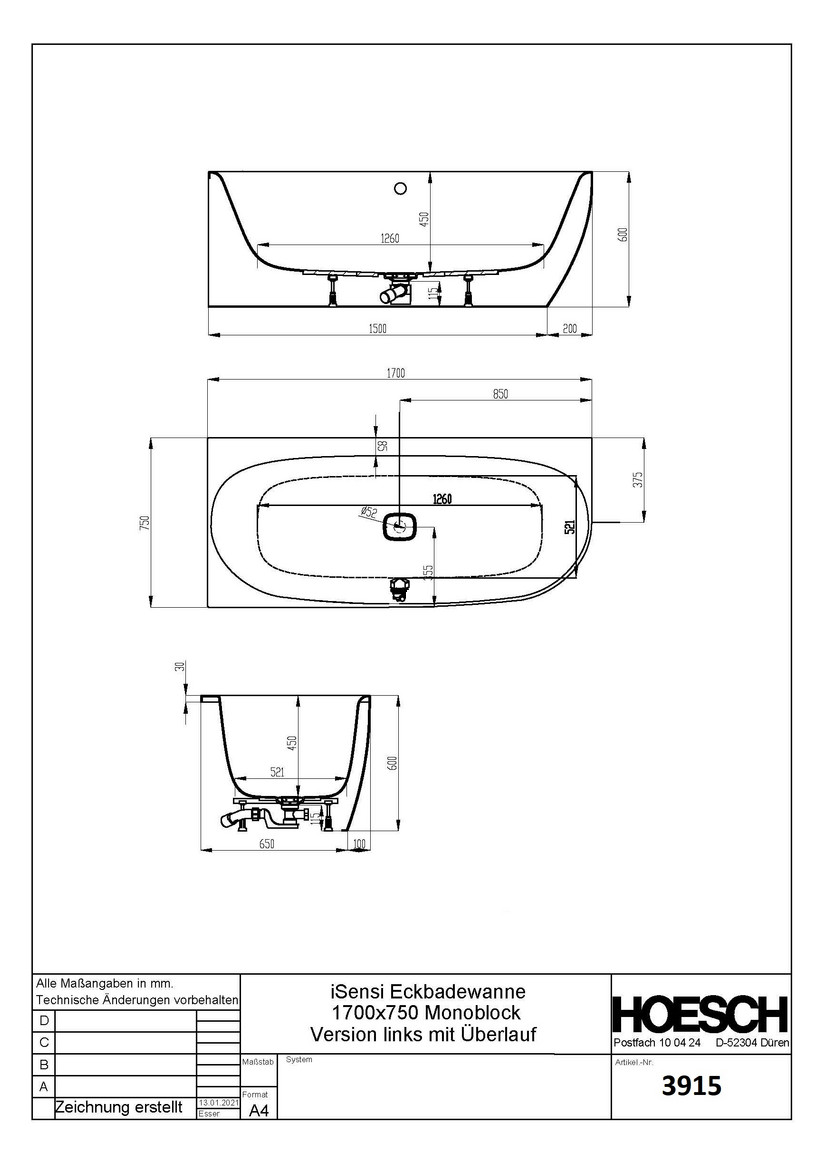 Hoesch Badewanne iSensi Eck 1700x750 Monolith li. mit Überlauf, ang. Sch.