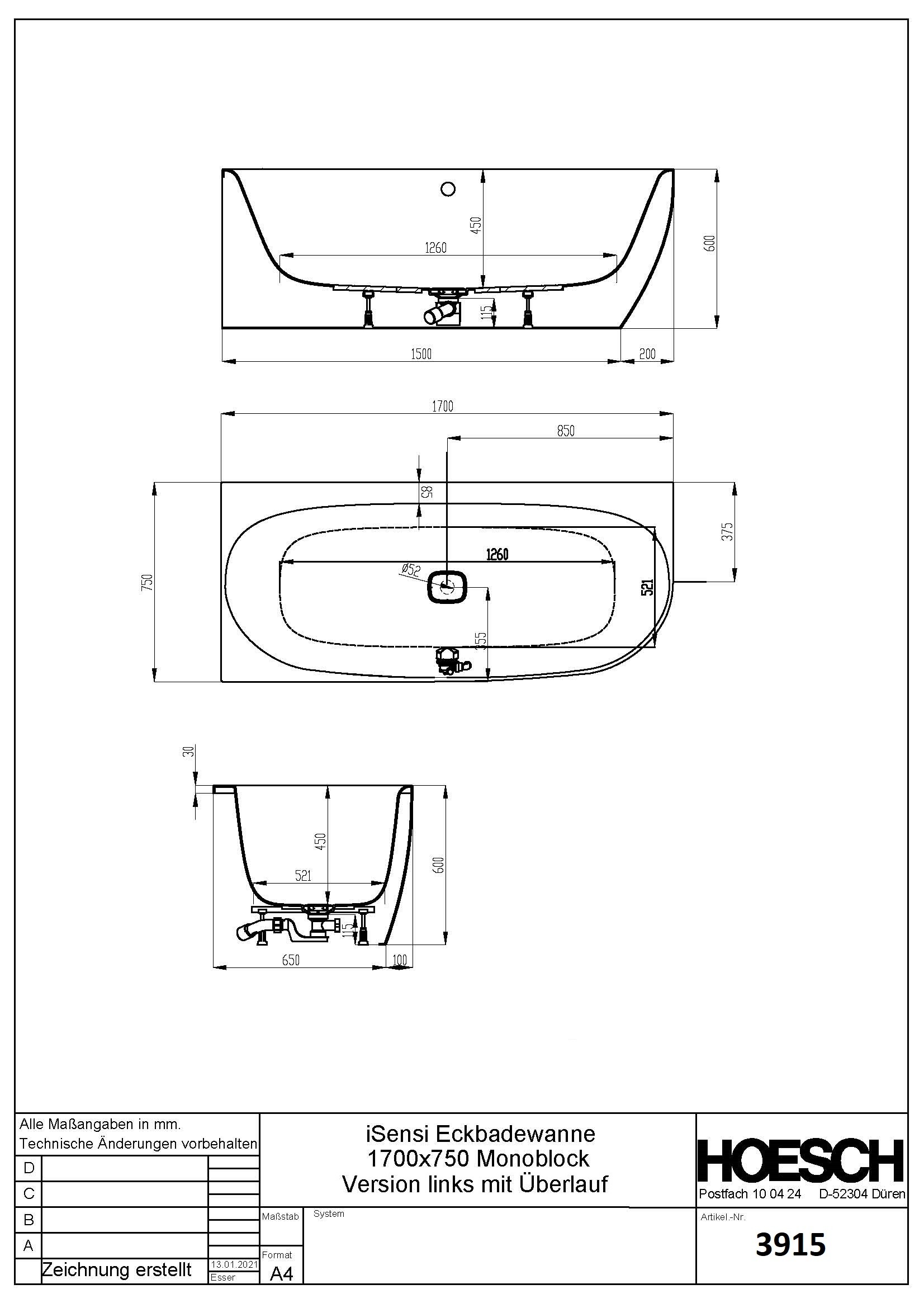 Hoesch Badewanne iSensi Eck 1700x750 Monolith li. mit Überlauf, ang. Sch.