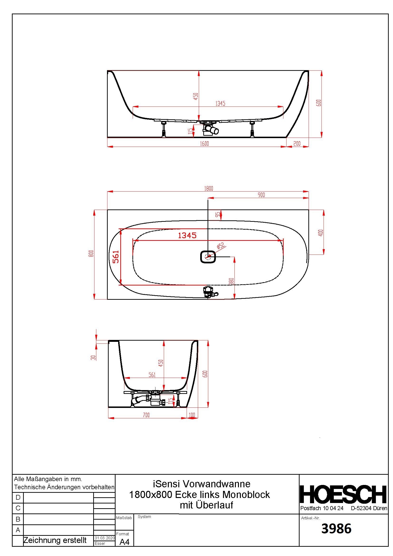 Hoesch Badewanne iSensi Eck 1800x800 links Monolith, mit Überlauf, ang. Sch. Weiß