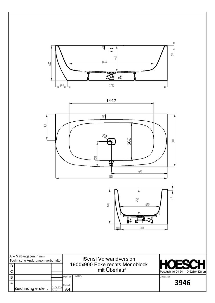 Hoesch Badewanne iSensi Eck 1900x900 rechts Monolith, mit Überlauf, ang. Sch. Weiß