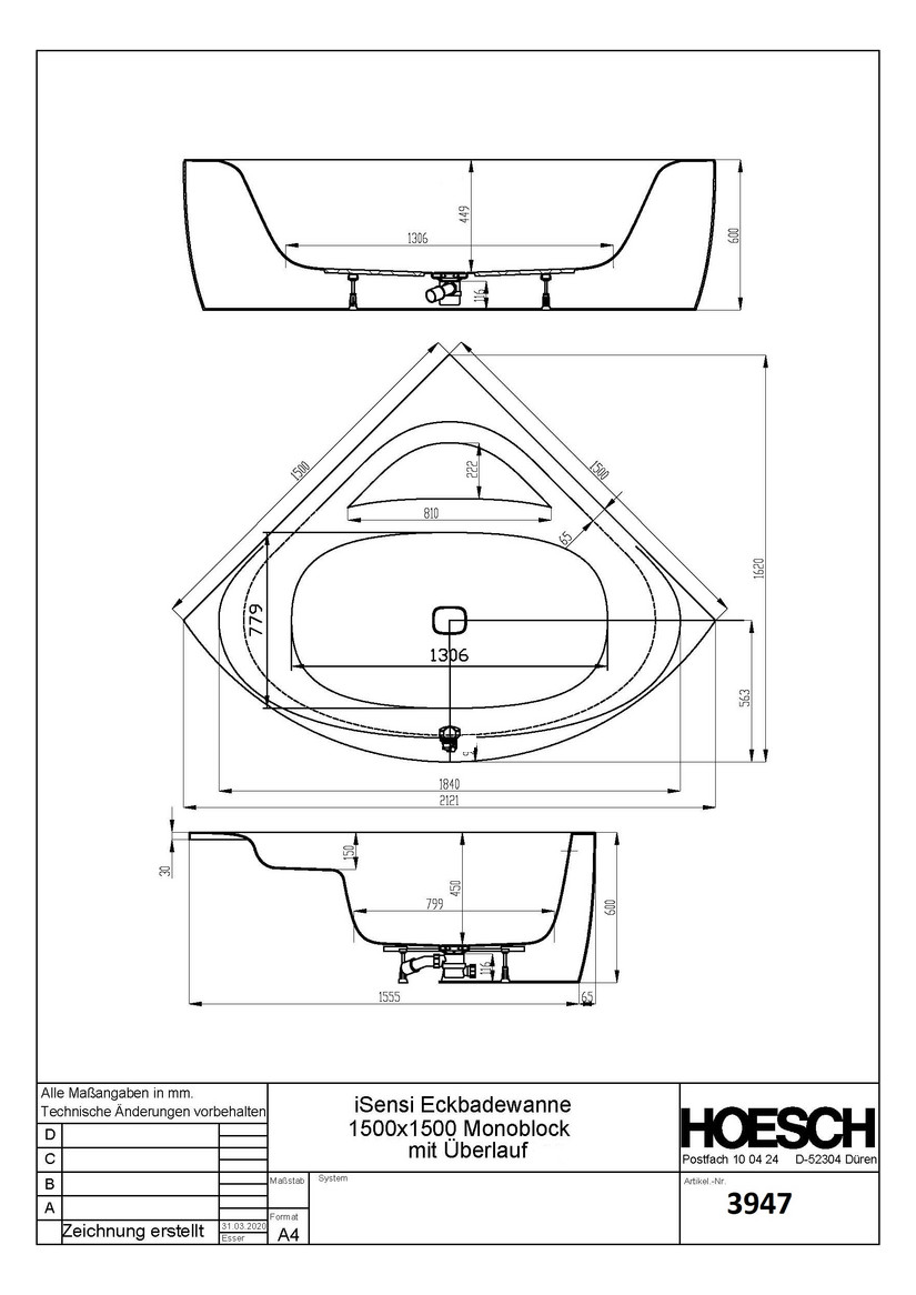 Hoesch Badewanne iSensi Eck 1500x1500 Monolith, mit Überlauf, ang. Sch. Weiß