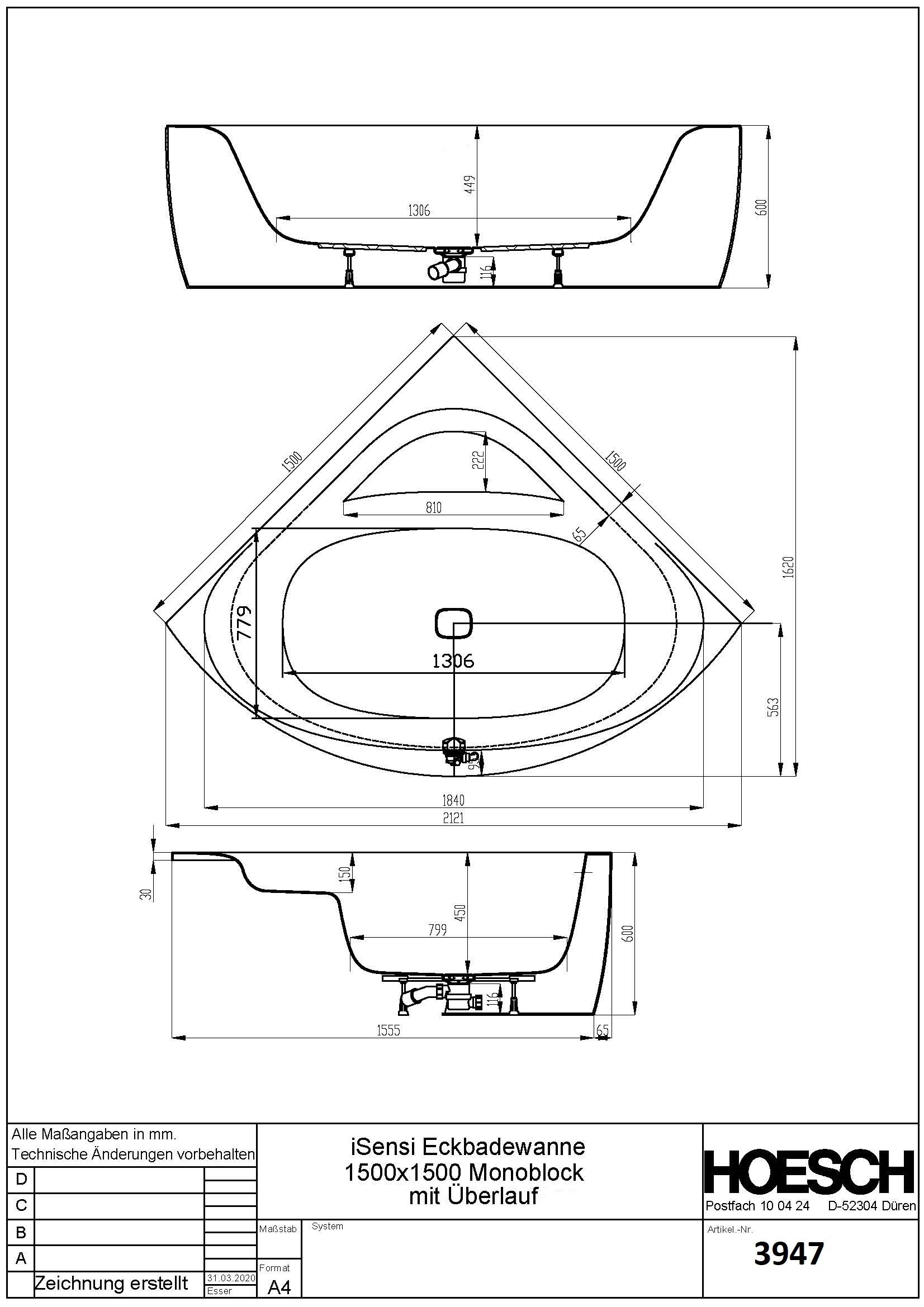 Hoesch Badewanne iSensi Eck 1500x1500 Monolith, mit Überlauf, ang. Sch. Weiß