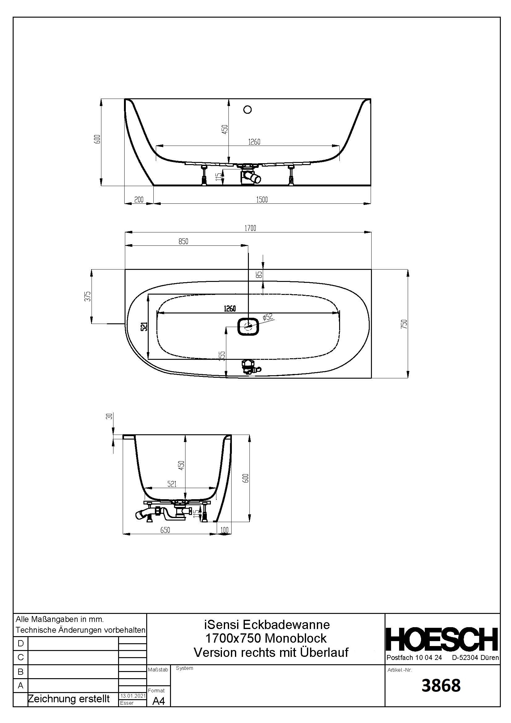 Hoesch Badewanne iSensi Eck 1700x750 Monolith rechts mit Überlauf, ang. Sch.