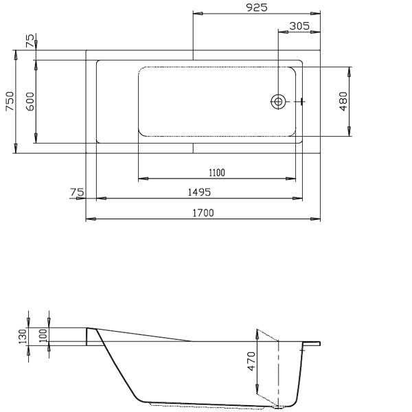 Hoesch Foster 1700x750x470 mm Rechteckbadewanne Einbaubadewanne Weiß 6629.010