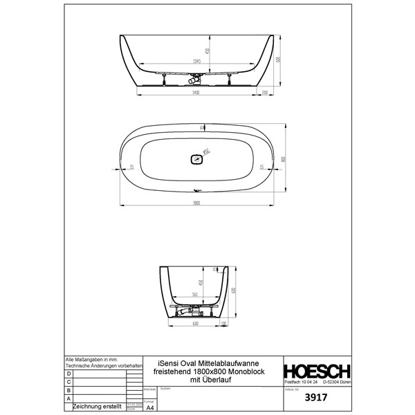 Hoesch Badewanne iSensi Oval 1800x800 freist. Monolith, mit Überlauf, ang. Sch. Weiß