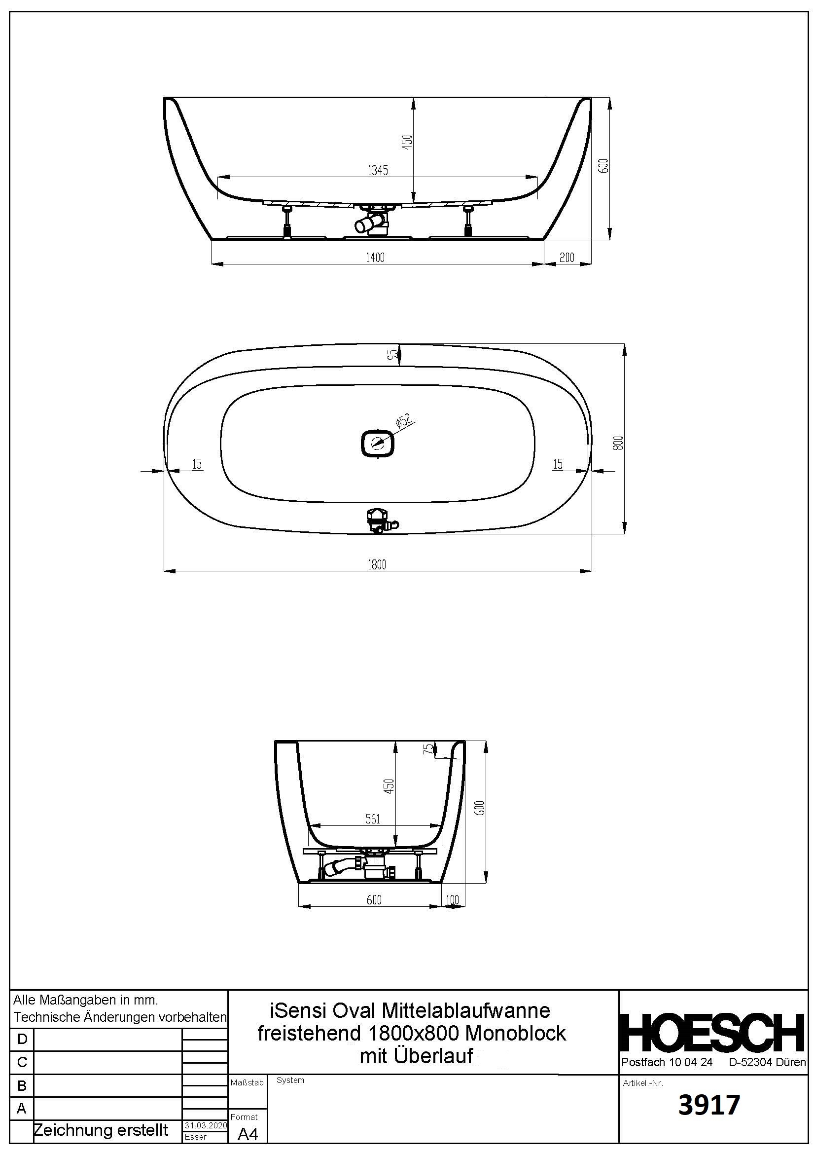 Hoesch Badewanne iSensi Oval 1800x800 freist. Monolith, mit Überlauf, ang. Sch. Weiß