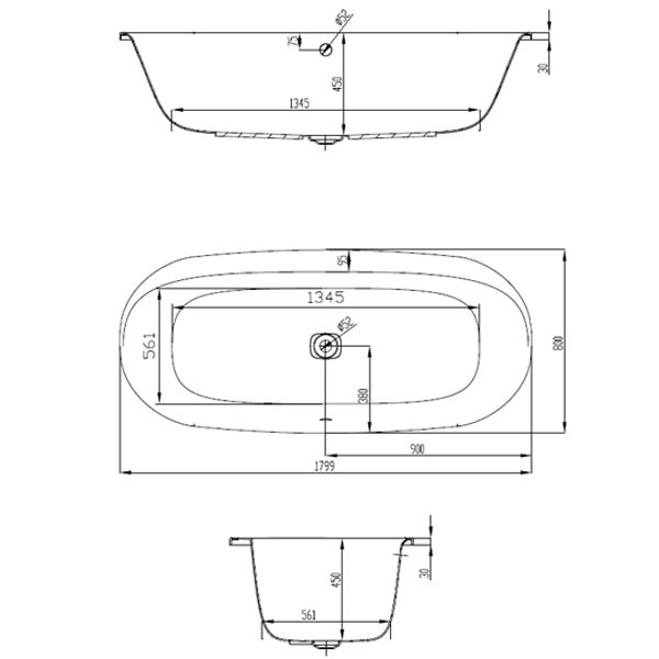 Hoesch iSENSI 1800x800x450 mm Oval-Badewanne Einbaubadewanne Weiß 3837.010