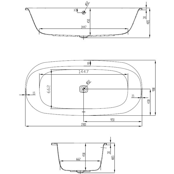 Hoesch iSENSI 1900x900x450 mm Oval-Badewanne Einbaubadewanne Weiß 3838.010