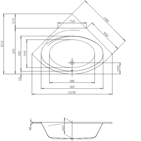 Hoesch Parana 1480x1480x480 mm Eck-Badewanne Einbaubadewanne ohne angeformter Schürze Weiß 5544.010