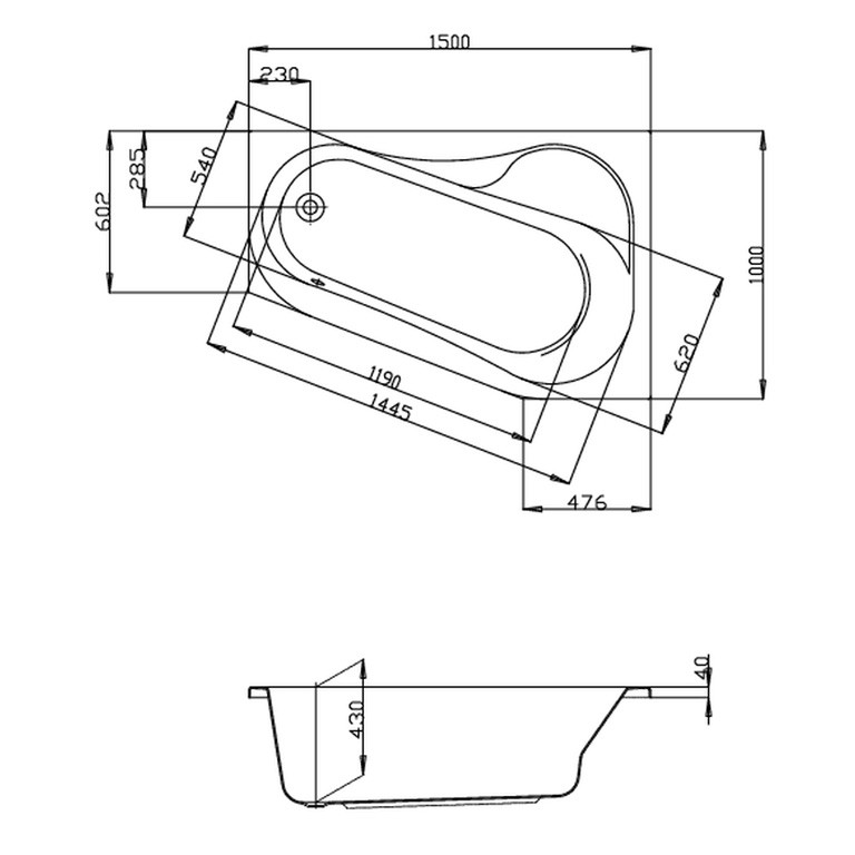 Hoesch Parana rechts 1500x1000x430 weiß asymmetrische Eck-Badewanne 5566.010 - ABVERKAUF