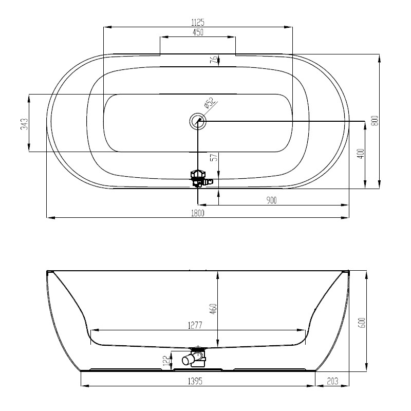 Hoesch Procasa Oval Badewanne, freistehend 180x80 Monoblock mit Befüllung